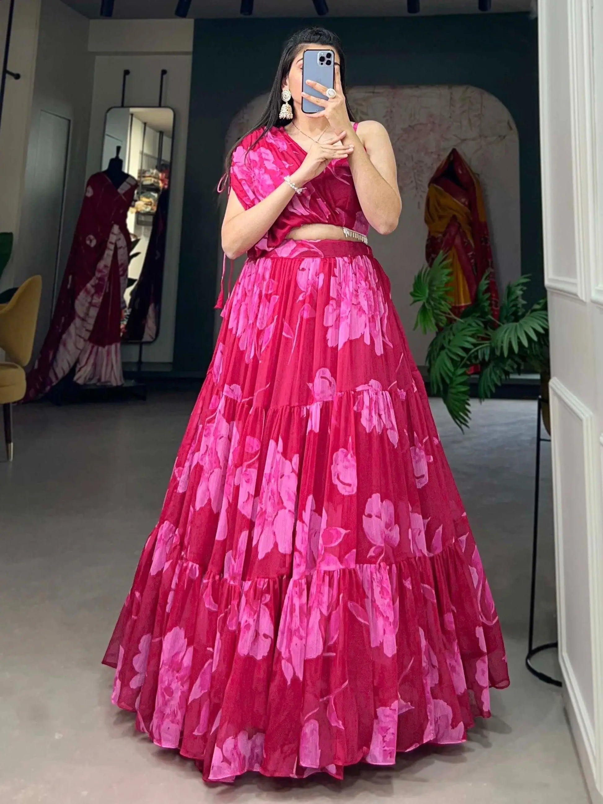 Attractive Pink Floral Printed Chiffon Festive Wear Crop-Top Lehenga - Zeel Clothing