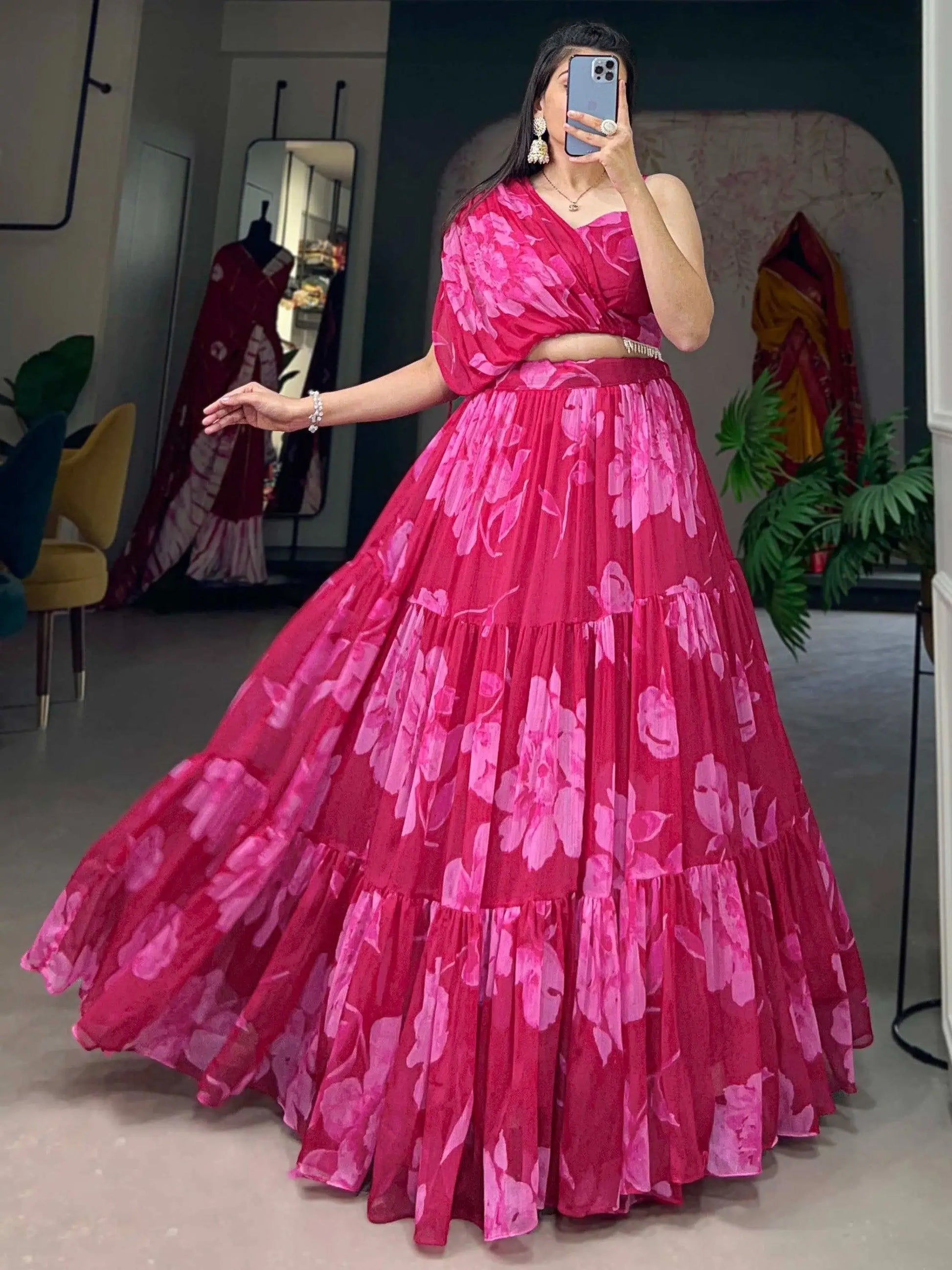 Attractive Pink Floral Printed Chiffon Festive Wear Crop-Top Lehenga - Zeel Clothing