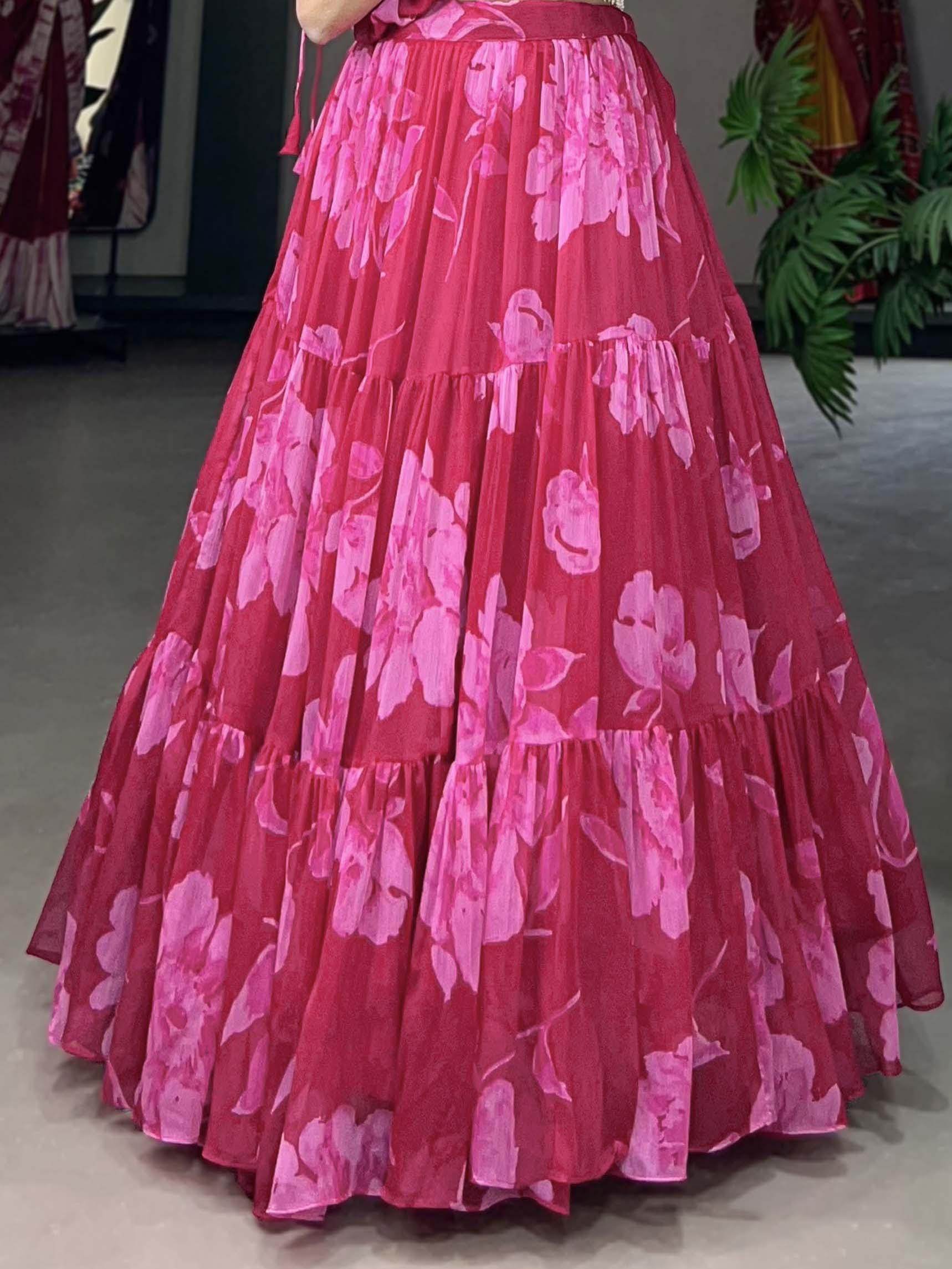 Attractive Pink Floral Printed Chiffon Festive Wear Crop-Top Lehenga - Zeel Clothing
