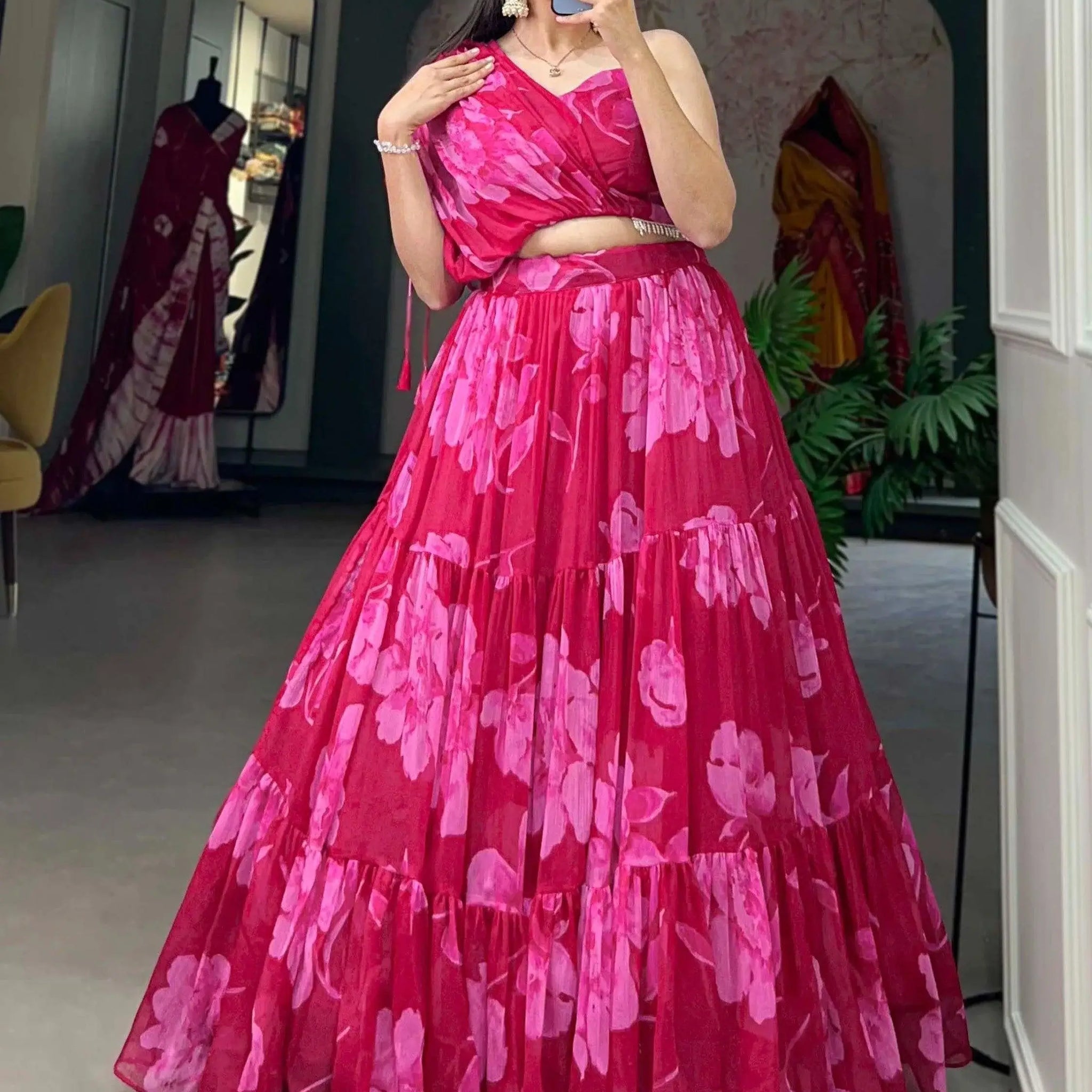 Attractive Pink Floral Printed Chiffon Festive Wear Crop-Top Lehenga - Zeel Clothing
