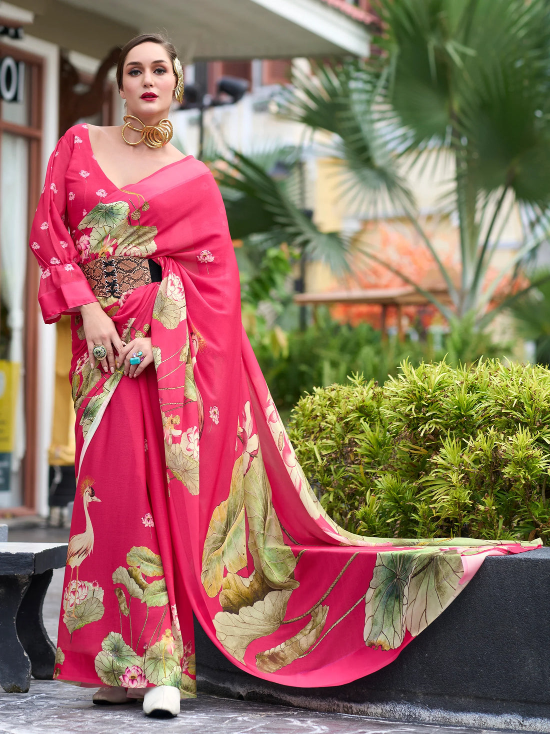 Attractive Pink Floral Printed Georgette Event Wear Saree With Blouse - Zeel Clothing
