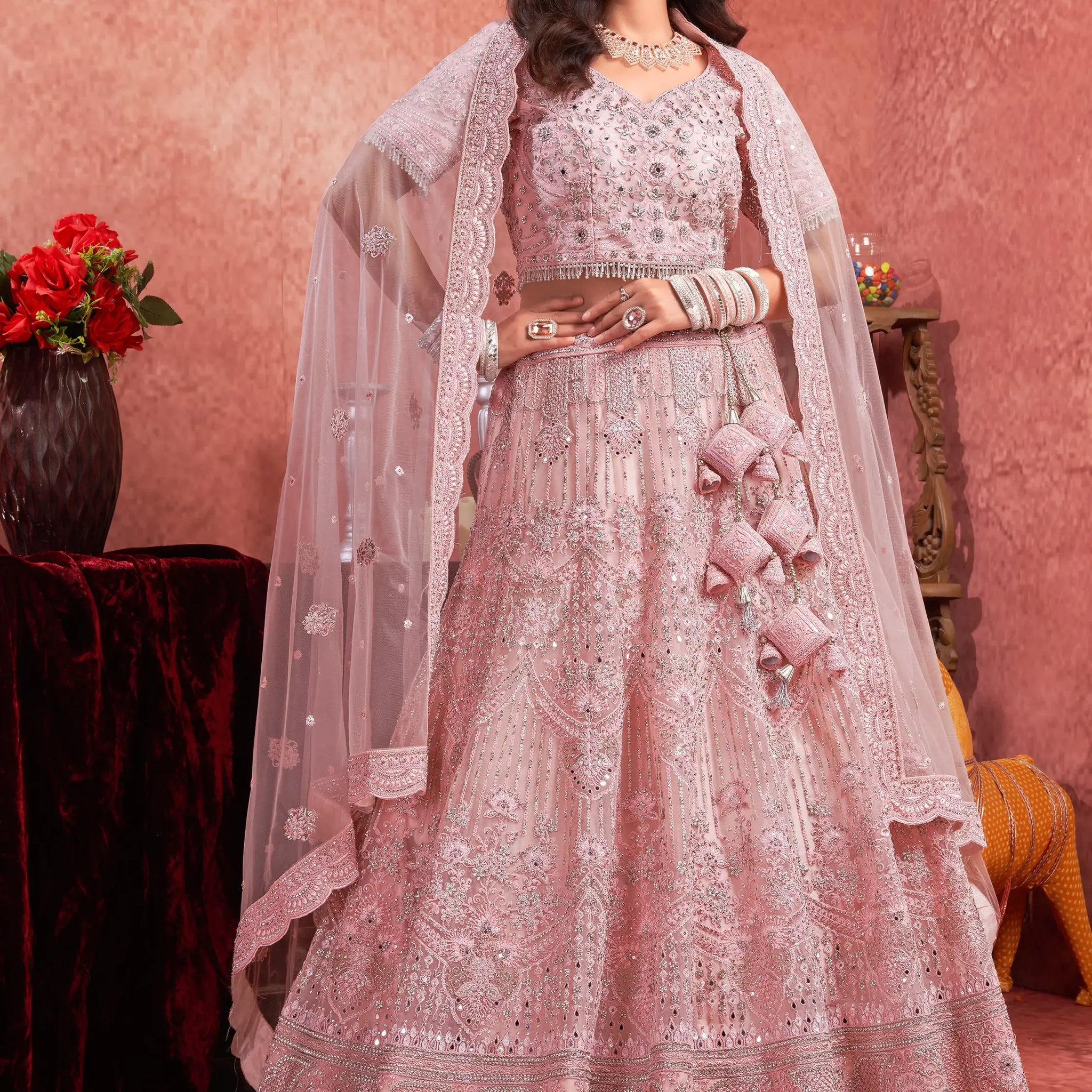 Attractive Pink Mirror Work Net Bridal Lehenga Choli With Dupatta - Zeel Clothing