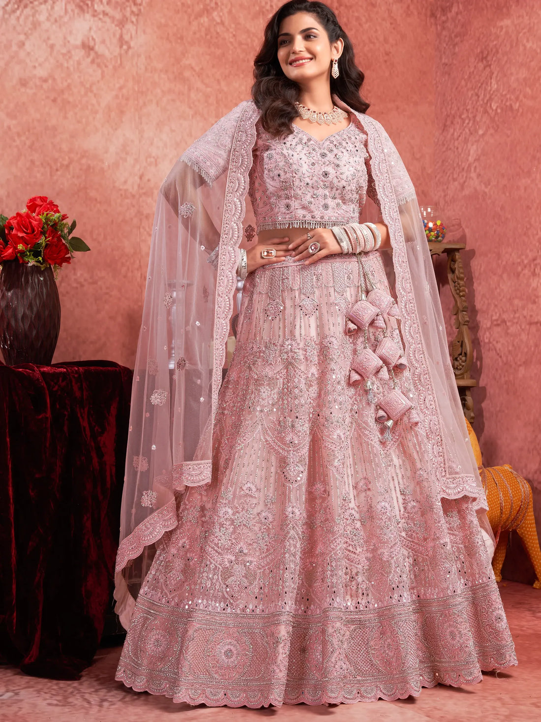 Attractive Pink Mirror Work Net Bridal Lehenga Choli With Dupatta - Zeel Clothing
