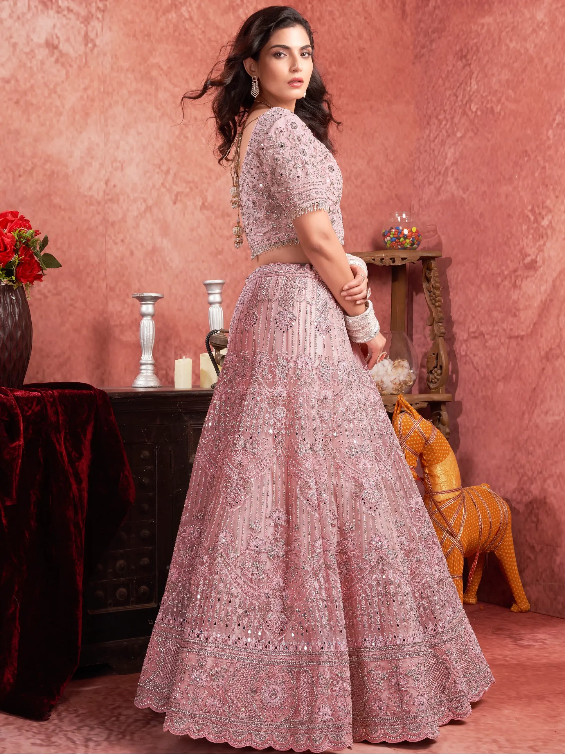 Attractive Pink Mirror Work Net Bridal Lehenga Choli With Dupatta - Zeel Clothing