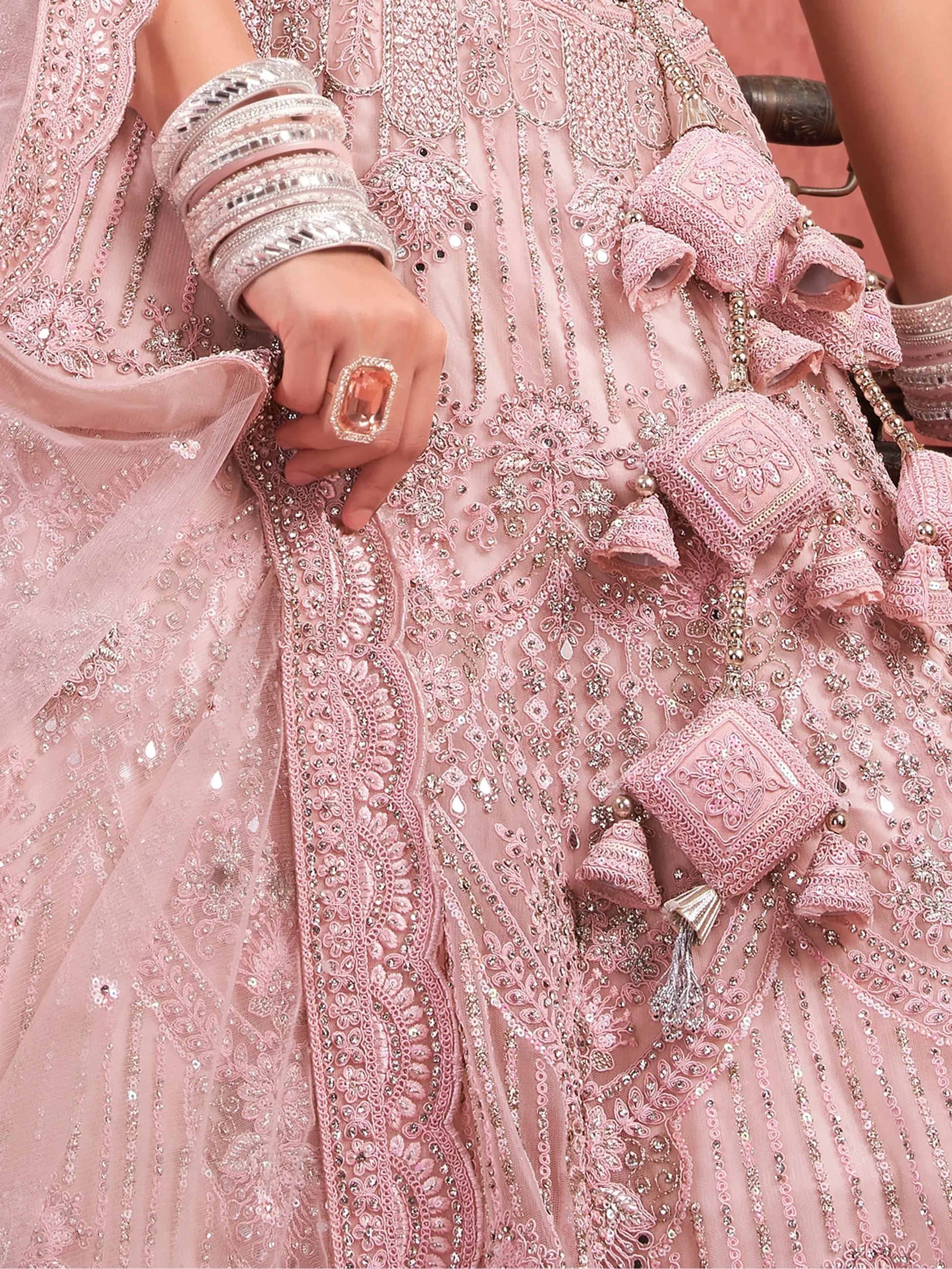 Attractive Pink Mirror Work Net Bridal Lehenga Choli With Dupatta - Zeel Clothing
