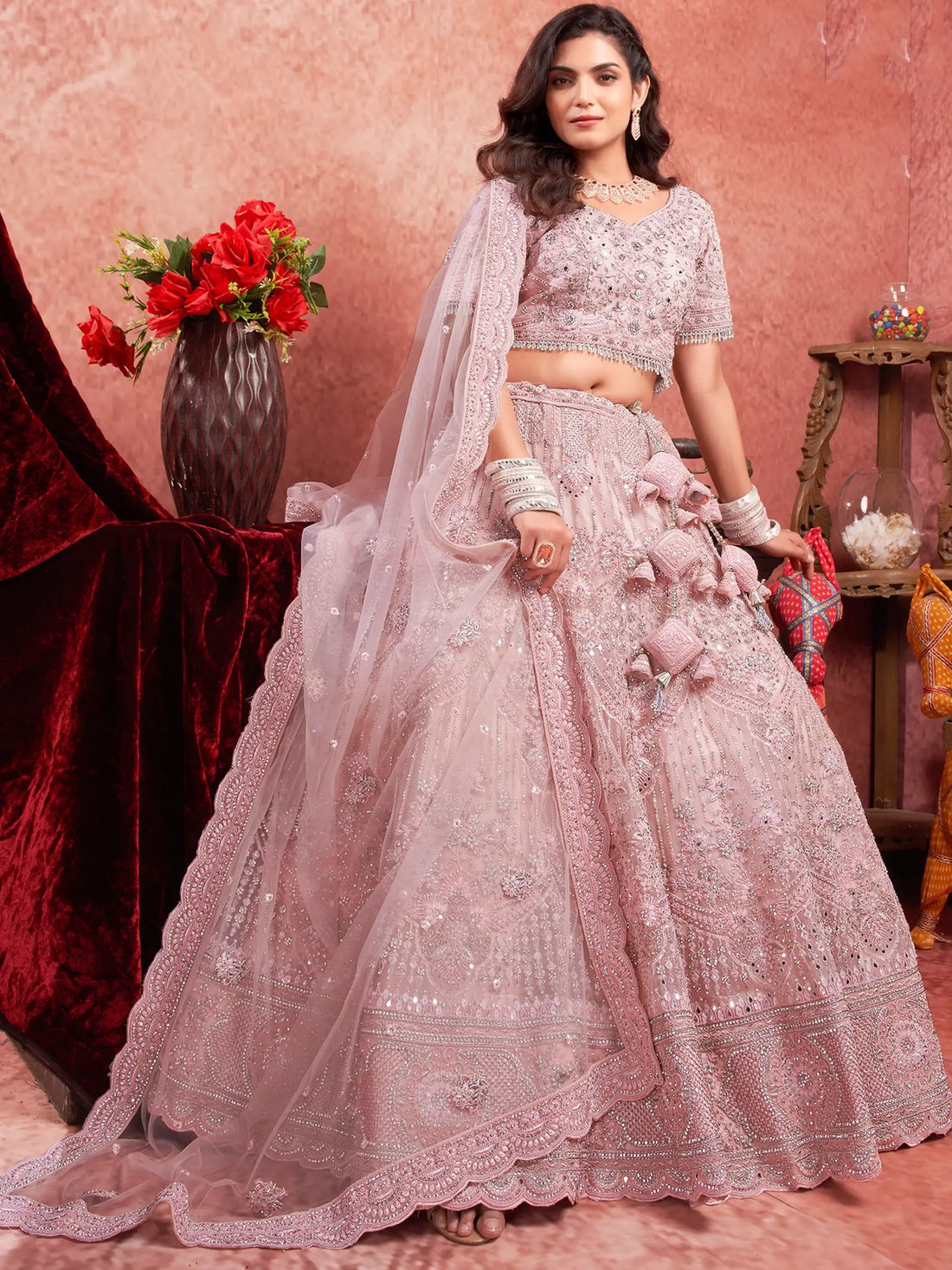 Attractive Pink Mirror Work Net Bridal Lehenga Choli With Dupatta - Zeel Clothing