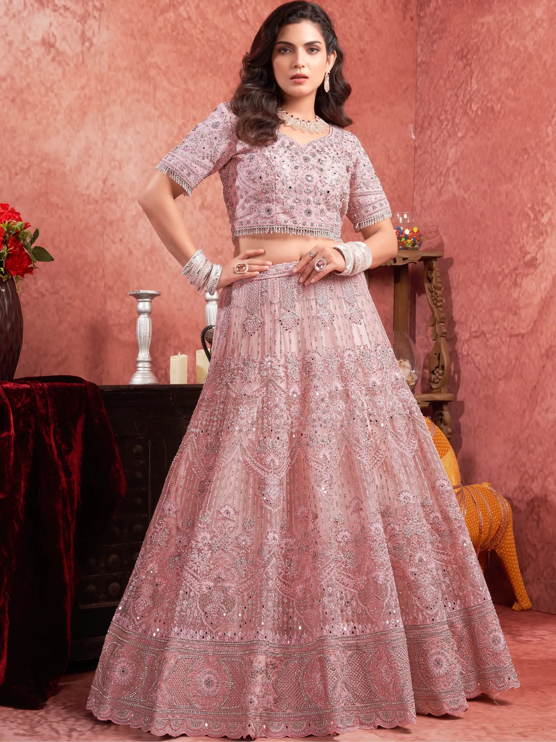 Attractive Pink Mirror Work Net Bridal Lehenga Choli With Dupatta - Zeel Clothing