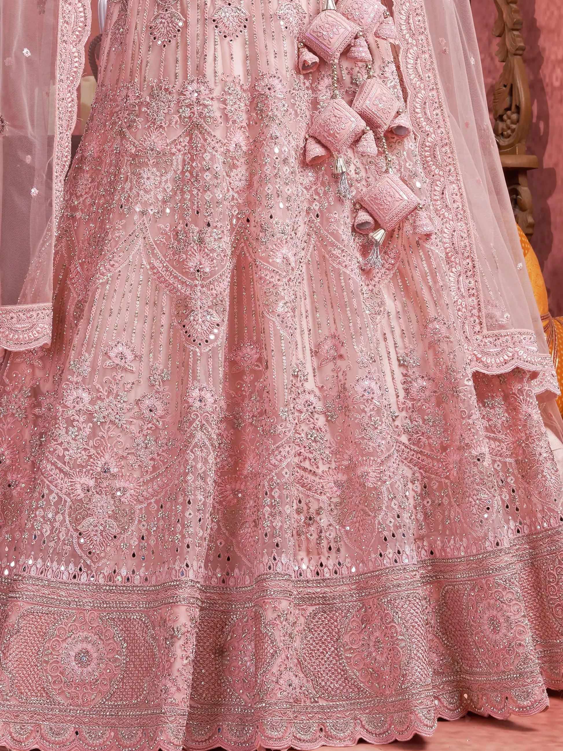 Attractive Pink Mirror Work Net Bridal Lehenga Choli With Dupatta - Zeel Clothing