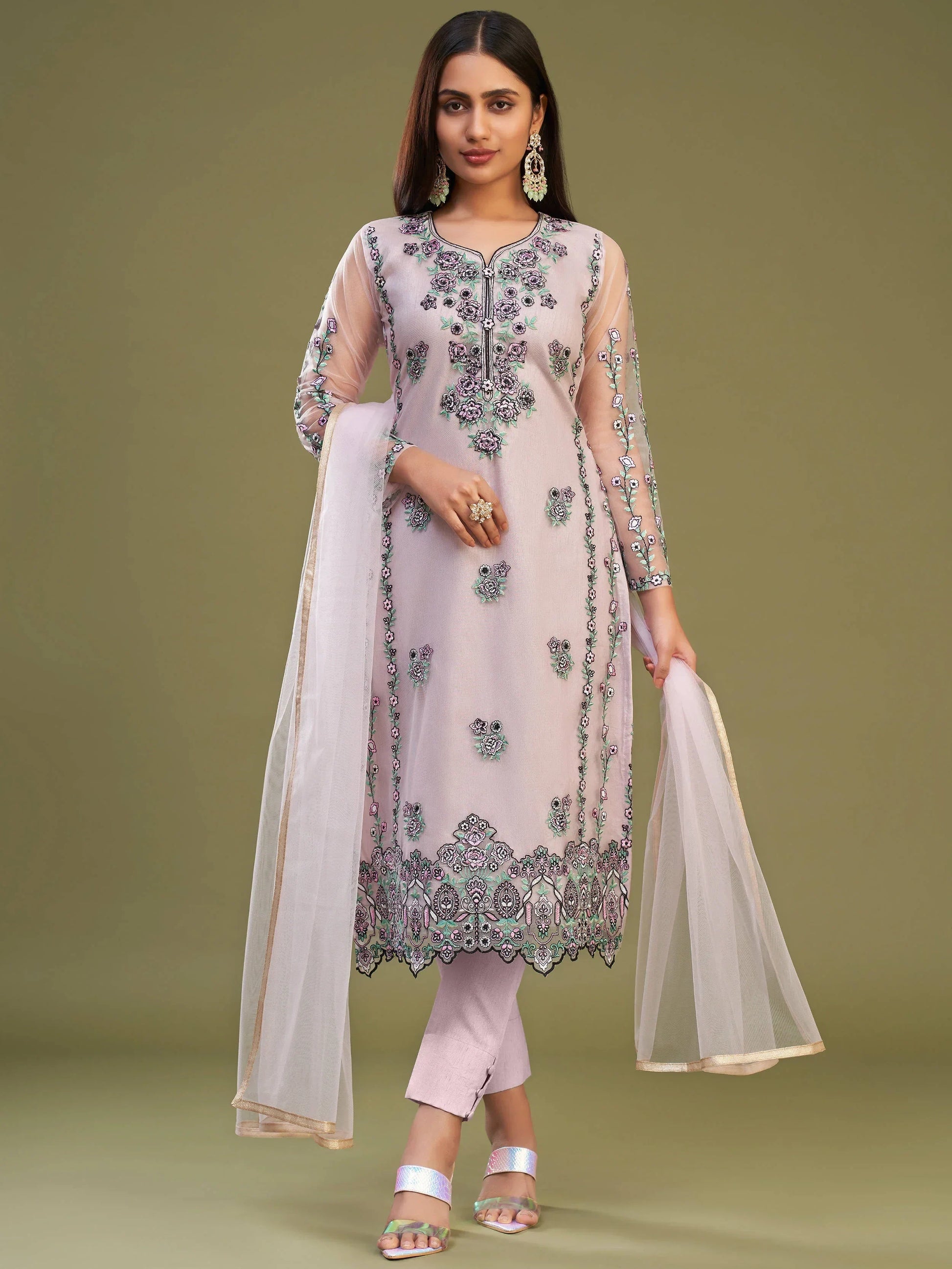 Attractive Pink Net Embroidered Designer Salwar Suit With Dupatta - Zeel Clothing