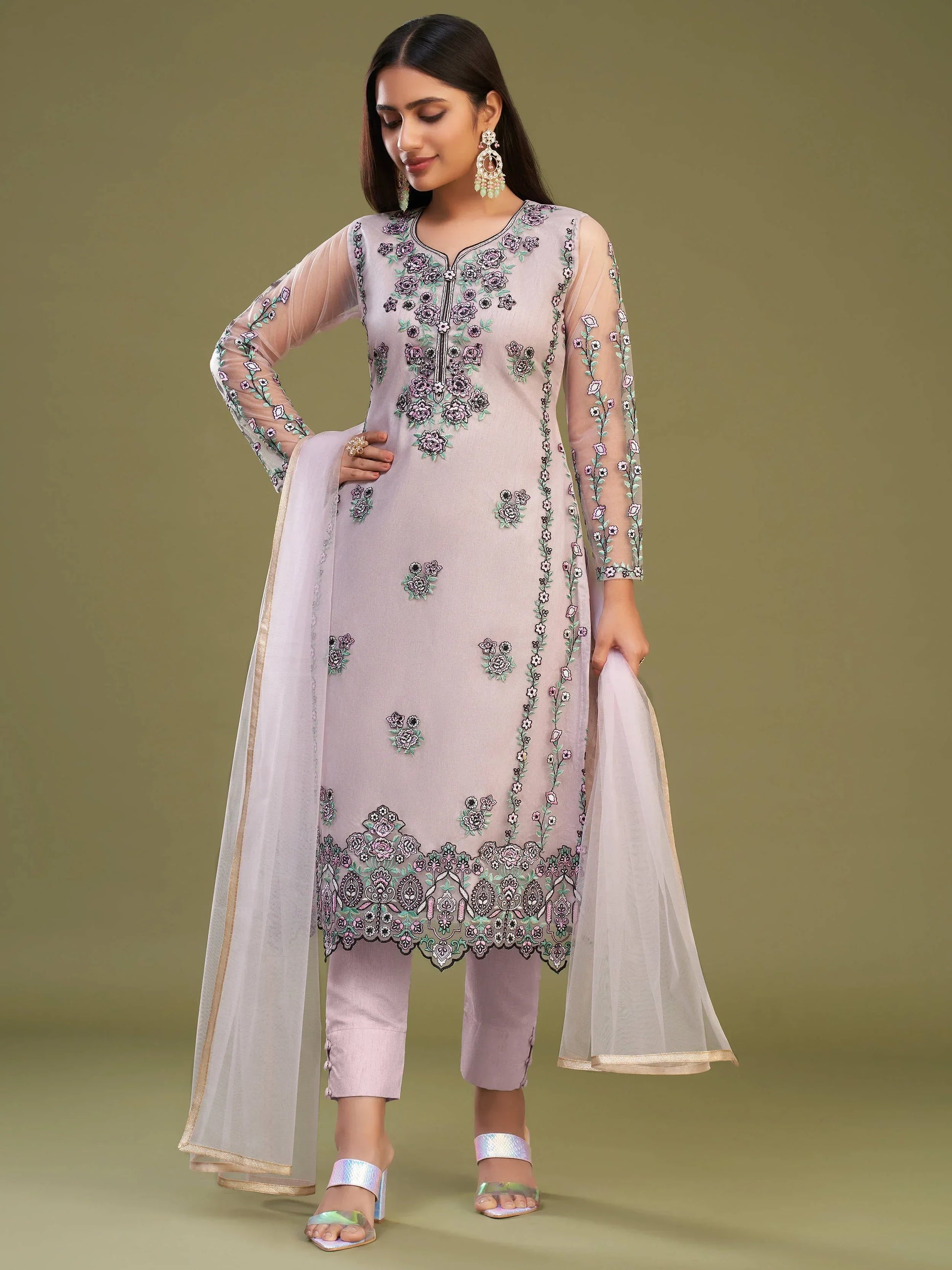 Attractive Pink Net Embroidered Designer Salwar Suit With Dupatta - Zeel Clothing