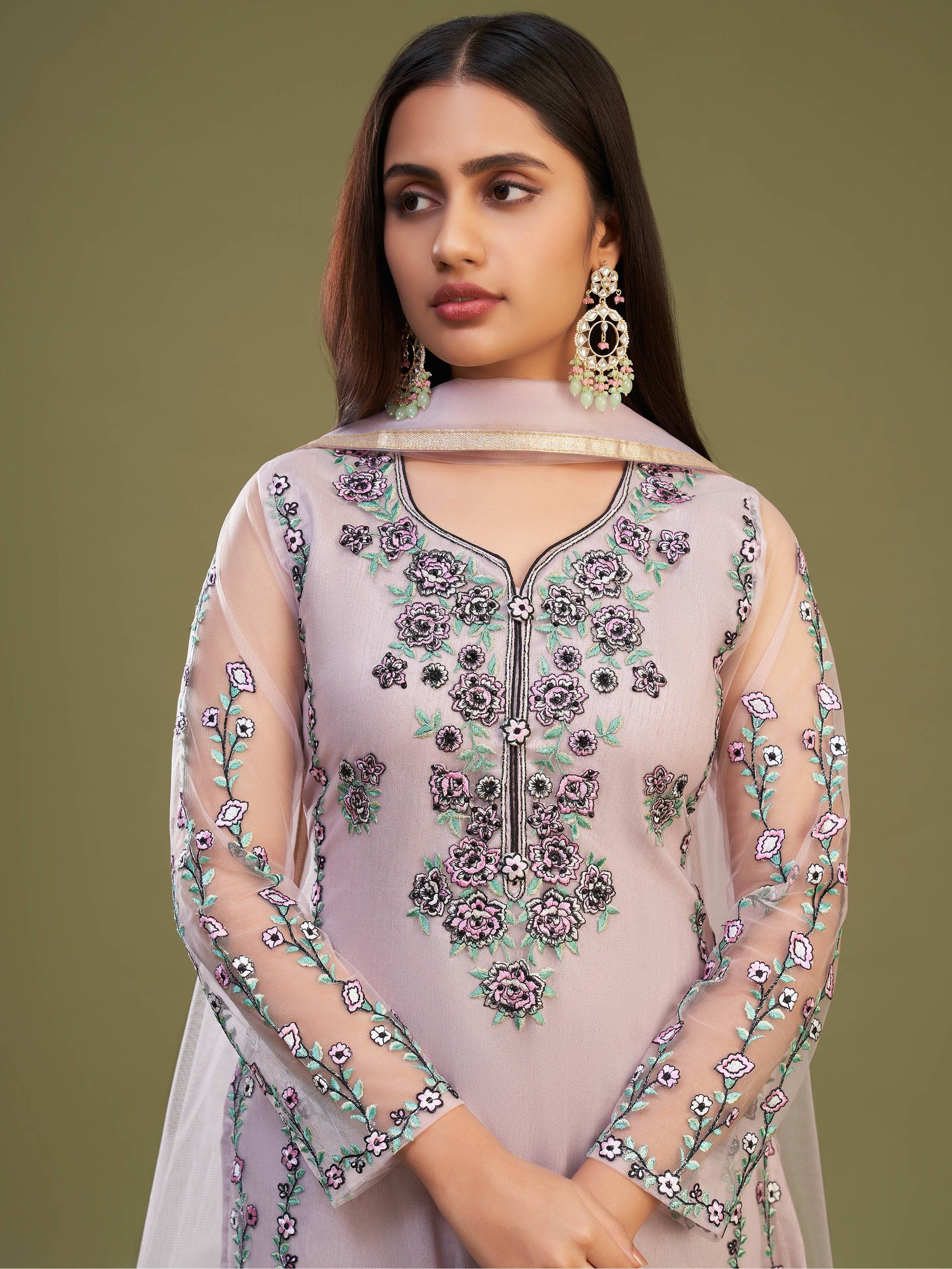 Attractive Pink Net Embroidered Designer Salwar Suit With Dupatta - Zeel Clothing