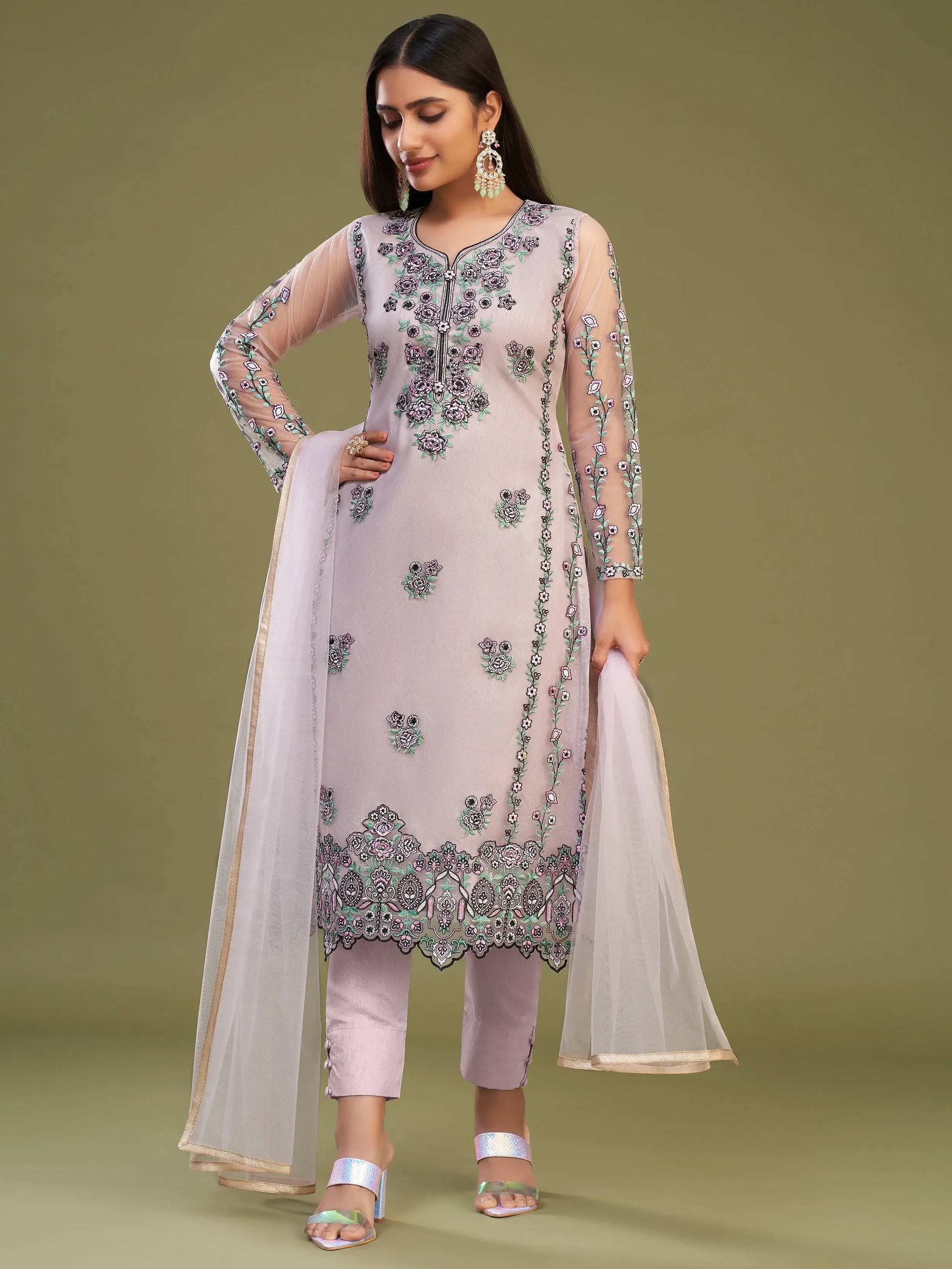 Attractive Pink Net Embroidered Designer Salwar Suit With Dupatta - Zeel Clothing