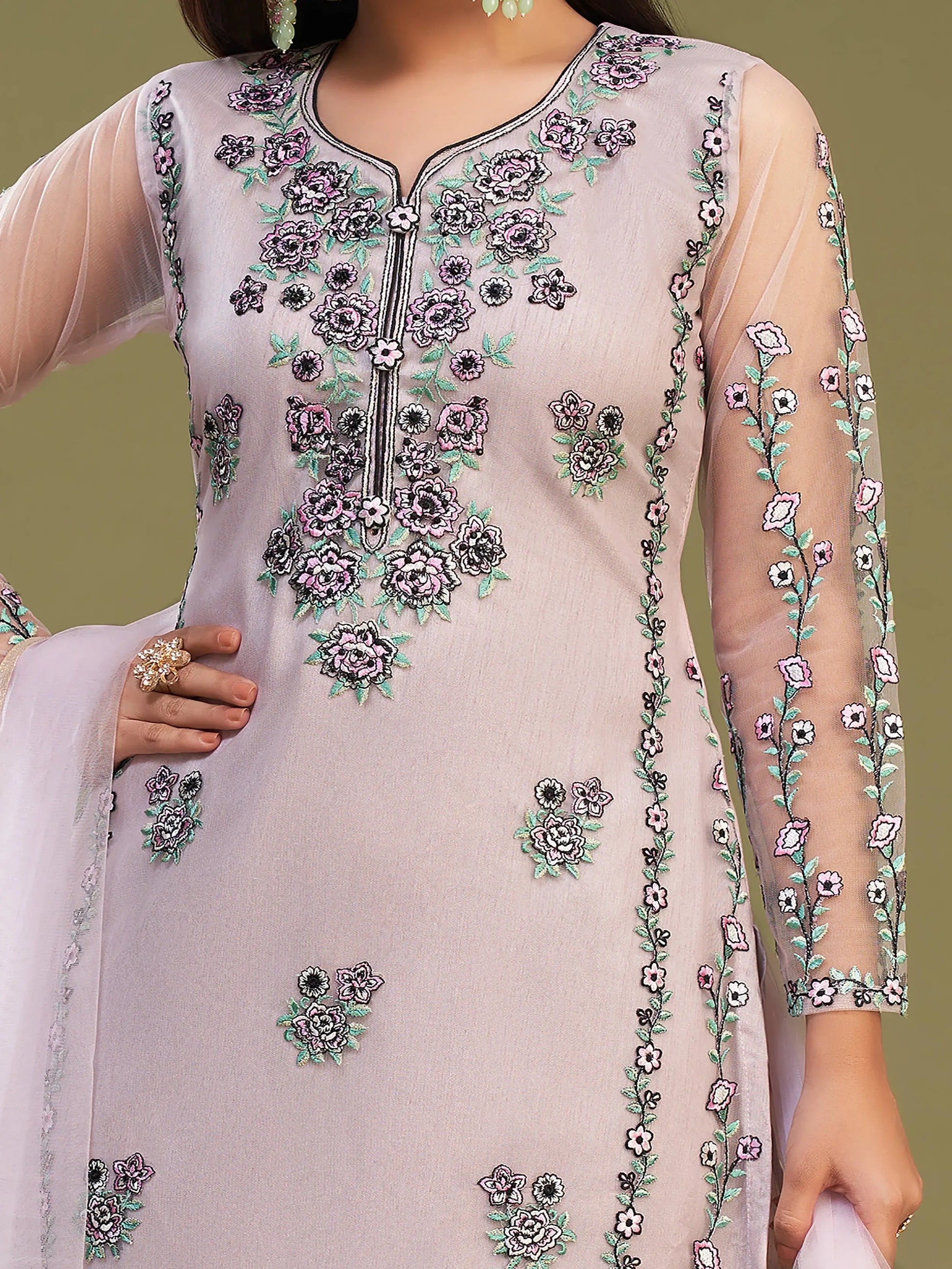 Attractive Pink Net Embroidered Designer Salwar Suit With Dupatta - Zeel Clothing