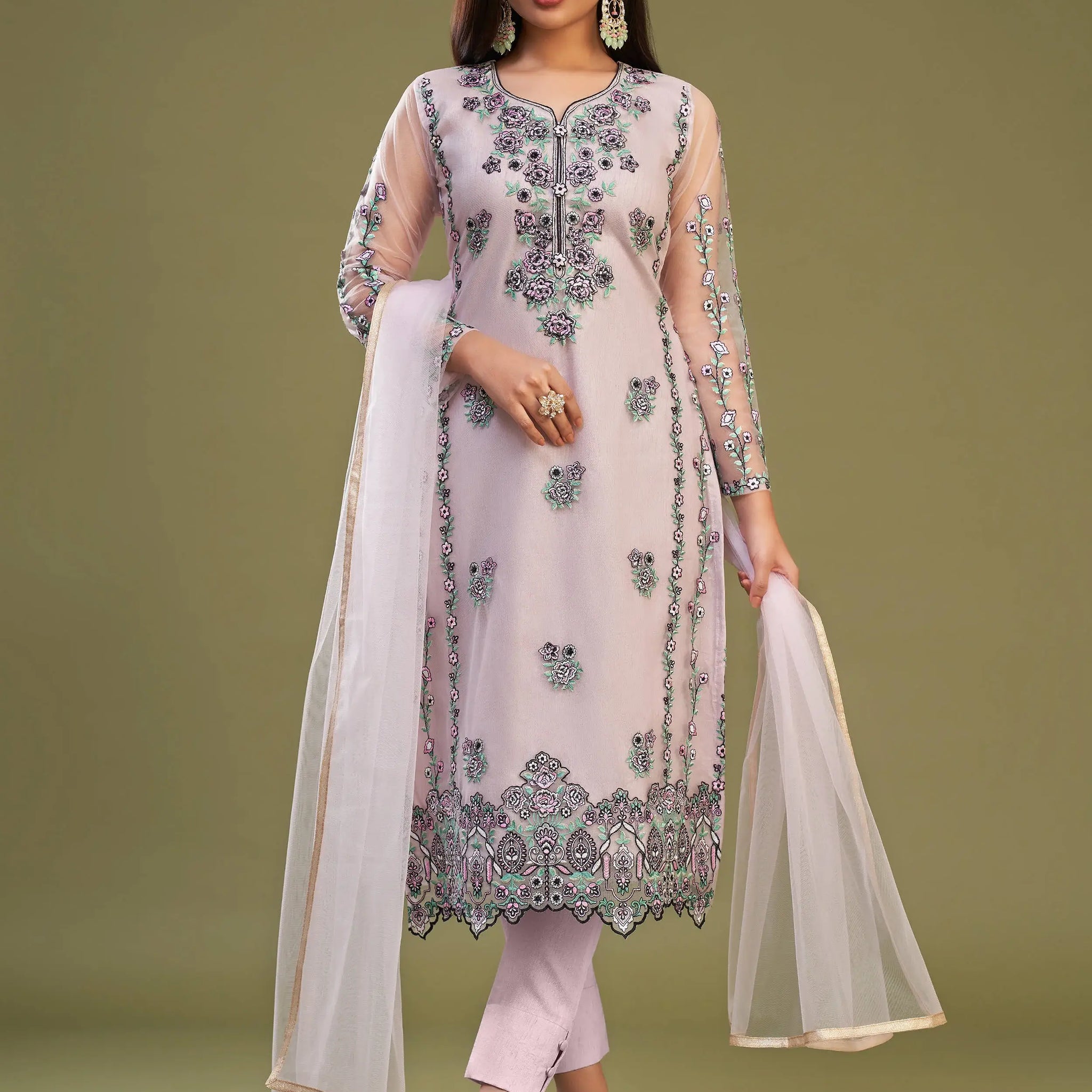 Attractive Pink Net Embroidered Designer Salwar Suit With Dupatta - Zeel Clothing