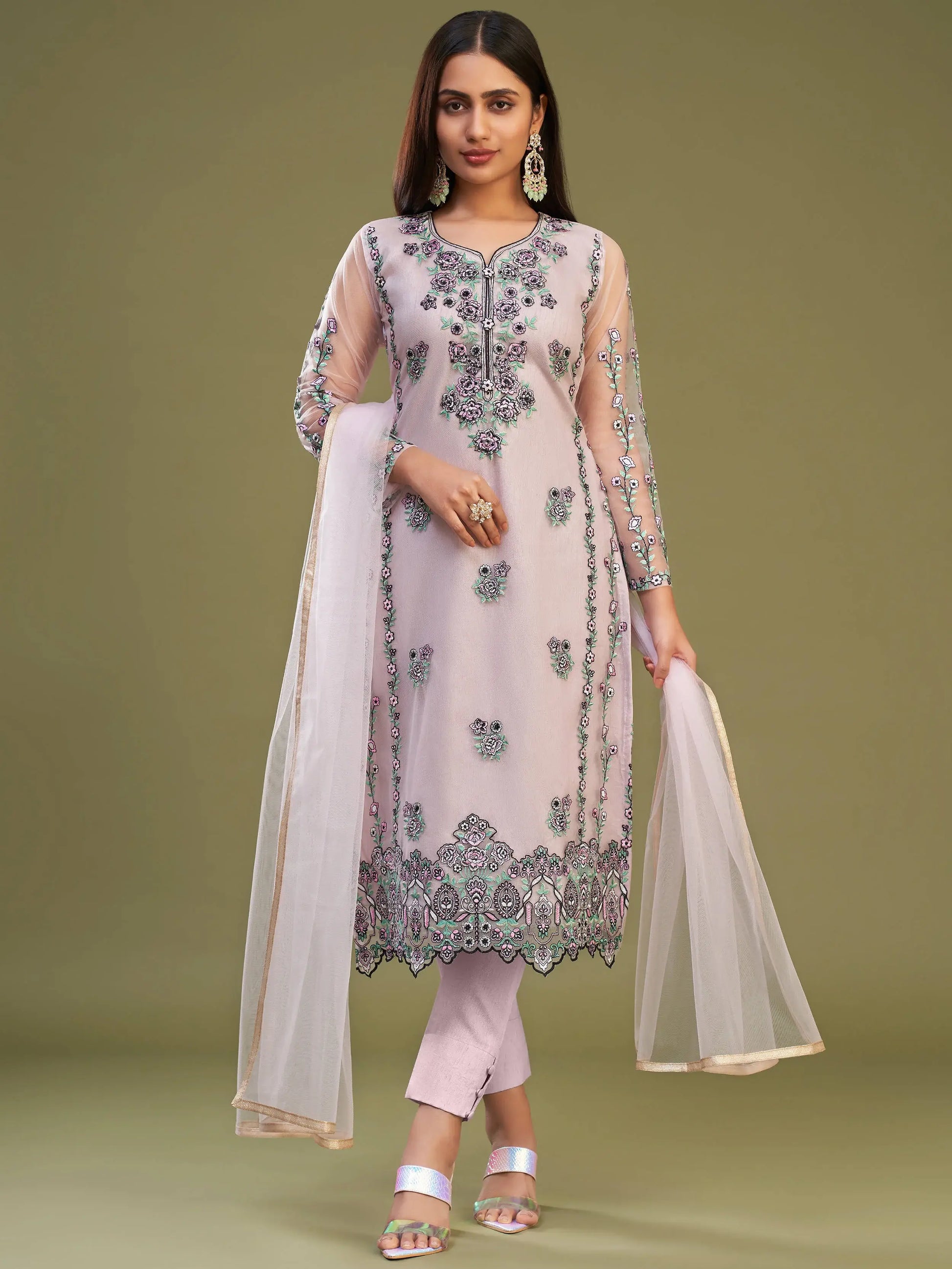 Attractive Pink Net Embroidered Designer Salwar Suit With Dupatta - Zeel Clothing