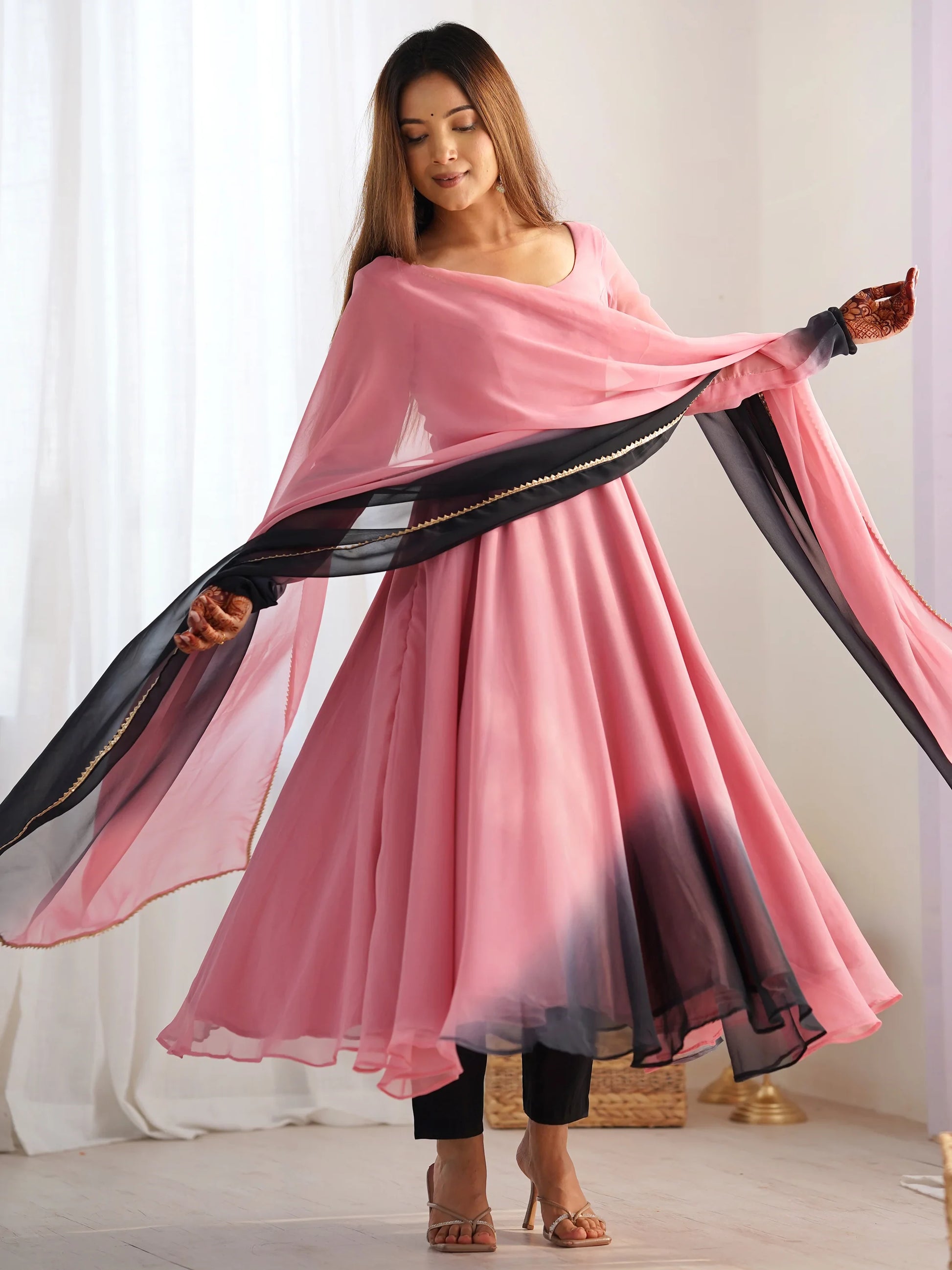 Attractive Pink Organza Silk Casual Wear Anarkali Suit With Dupatta - Zeel Clothing