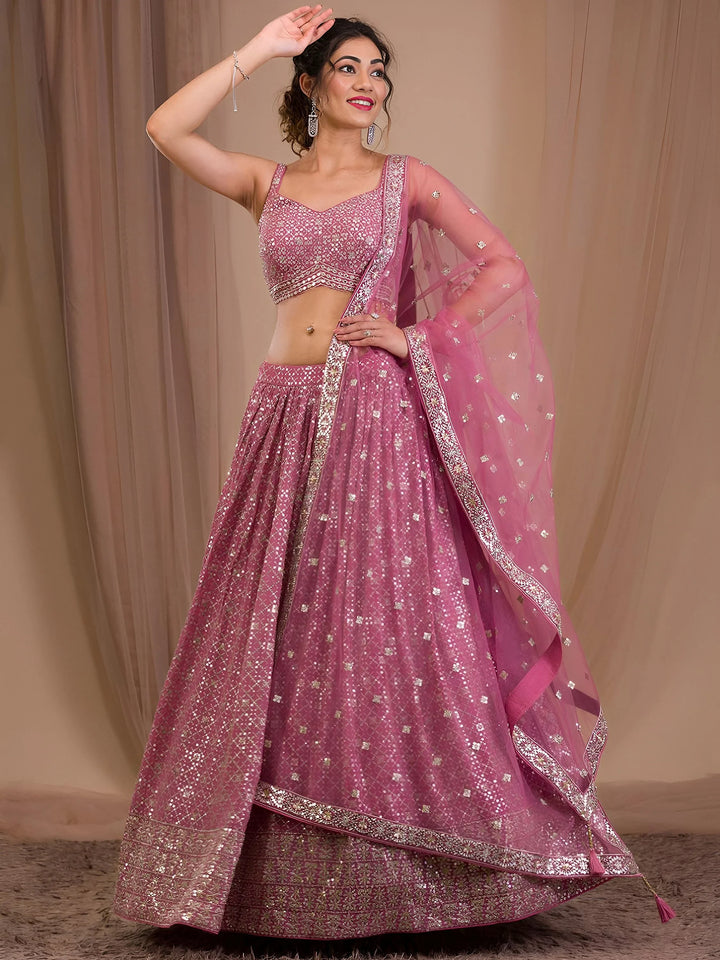 Attractive Pink Sequins Georgette Engagement Wear Lehenga Choli