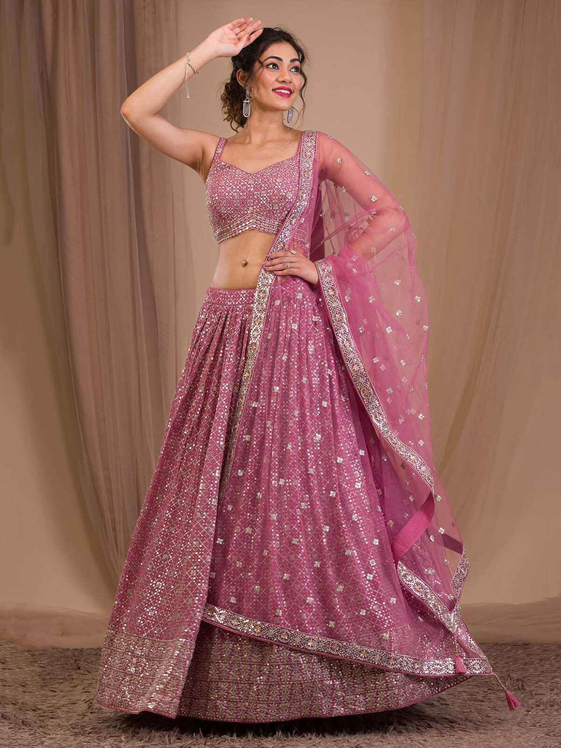 Attractive Pink Sequins Georgette Engagement Wear Lehenga Choli - Zeel Clothing