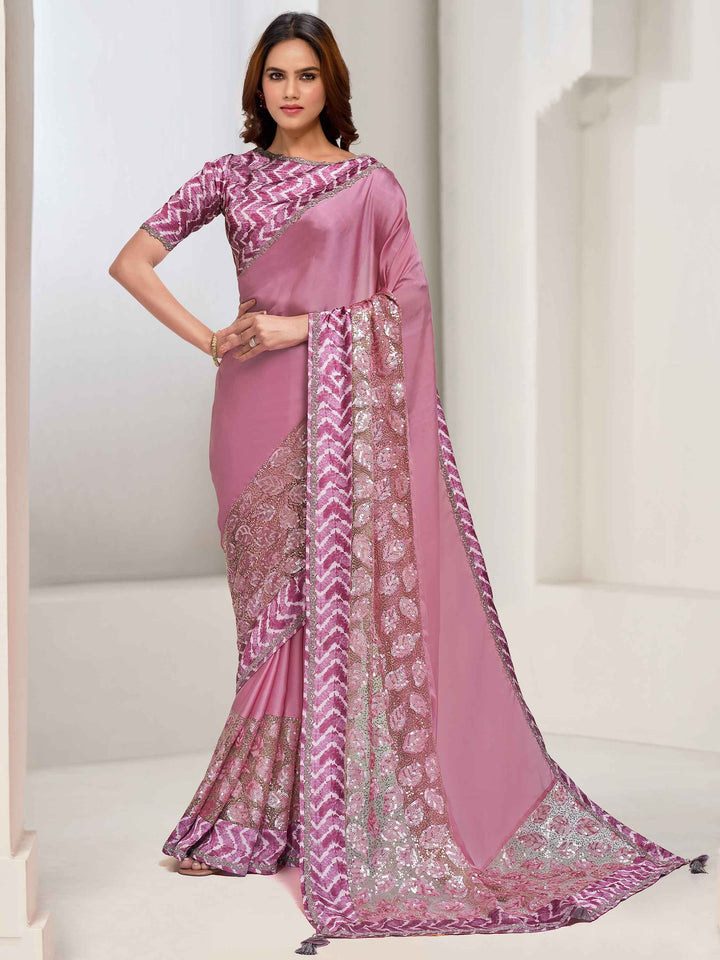 Attractive Pink Sequins Georgette Reception Wear Saree With Blouse - Zeel Clothing
