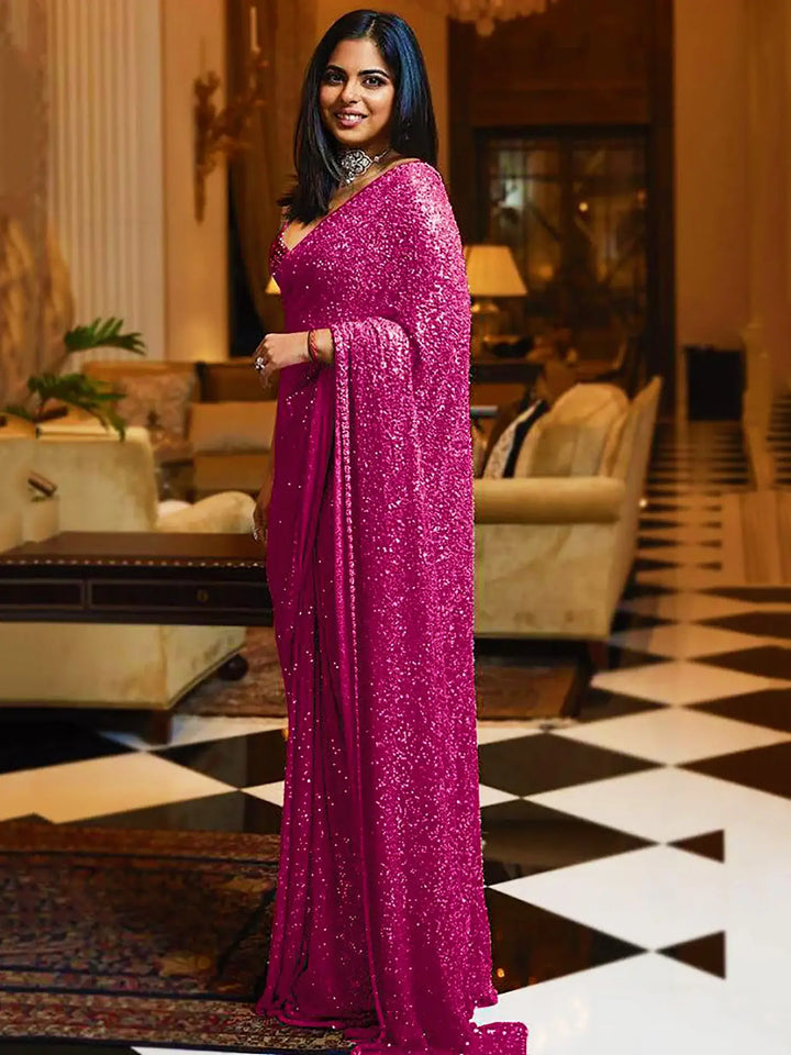 Attractive Pink Sequins Georgette Reception Wear Saree With Blouse - Zeel Clothing