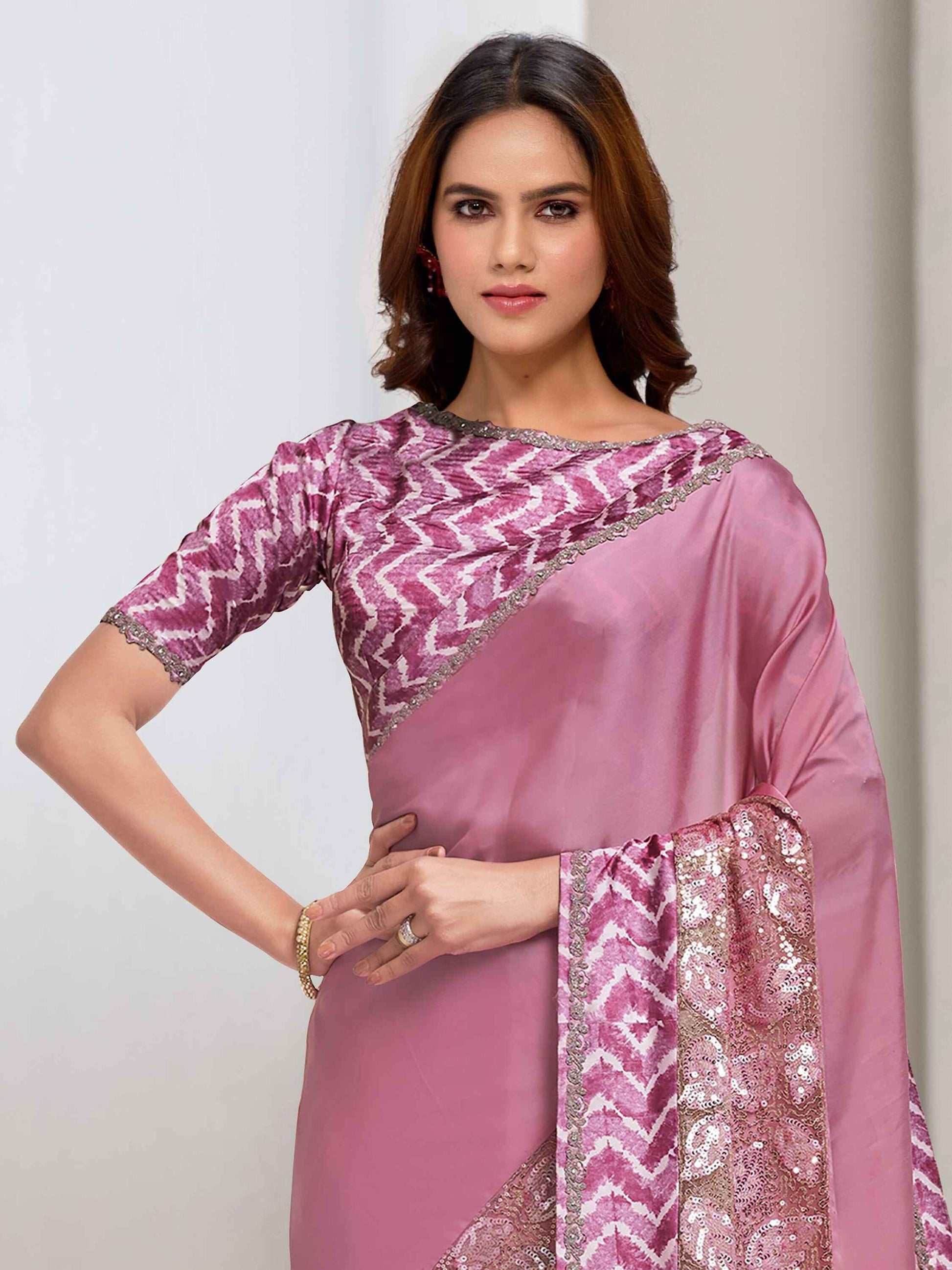 Attractive Pink Sequins Georgette Reception Wear Saree With Blouse - Zeel Clothing