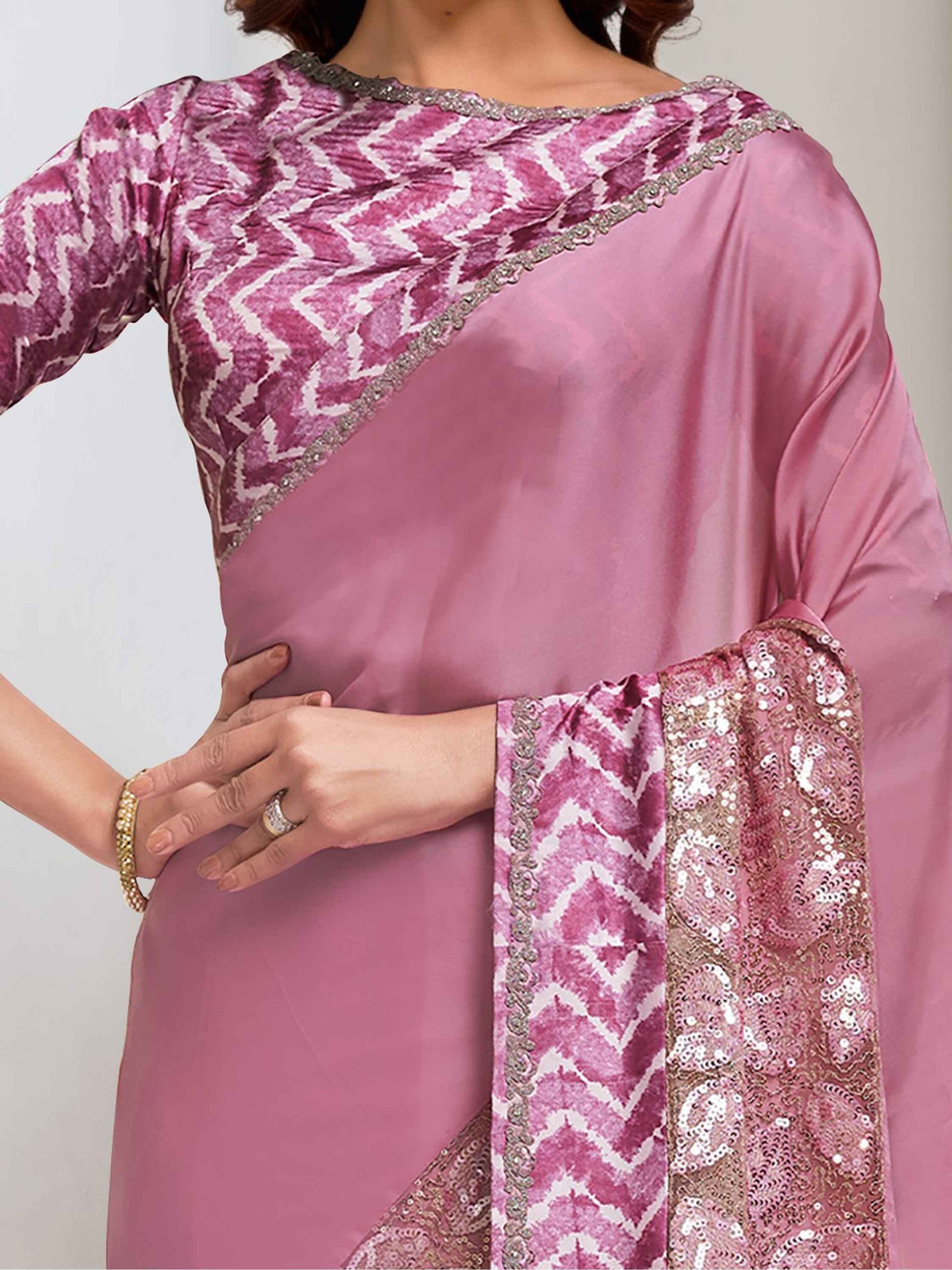 Attractive Pink Sequins Georgette Reception Wear Saree With Blouse - Zeel Clothing