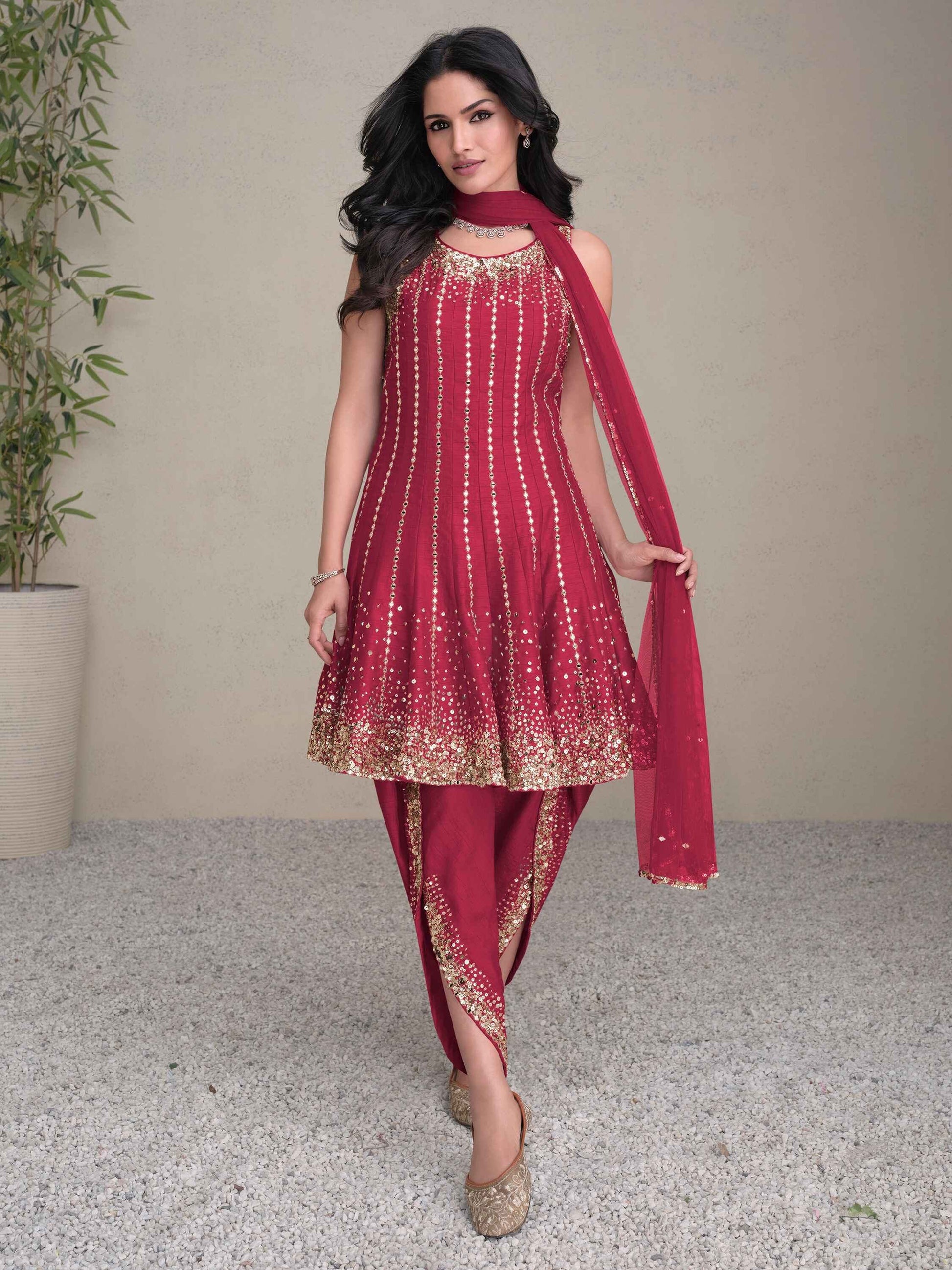 Attractive Pink Sequins Silk Designer Dhoti Suit With Dupatta - Zeel Clothing