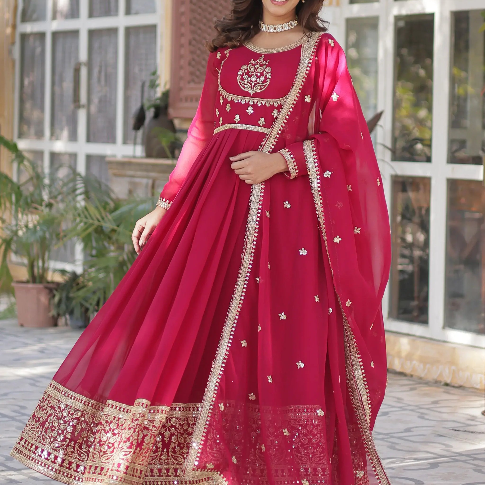 Attractive Pink Sequins Work Georgette Wedding Wear Gown With Dupatta - Zeel Clothing