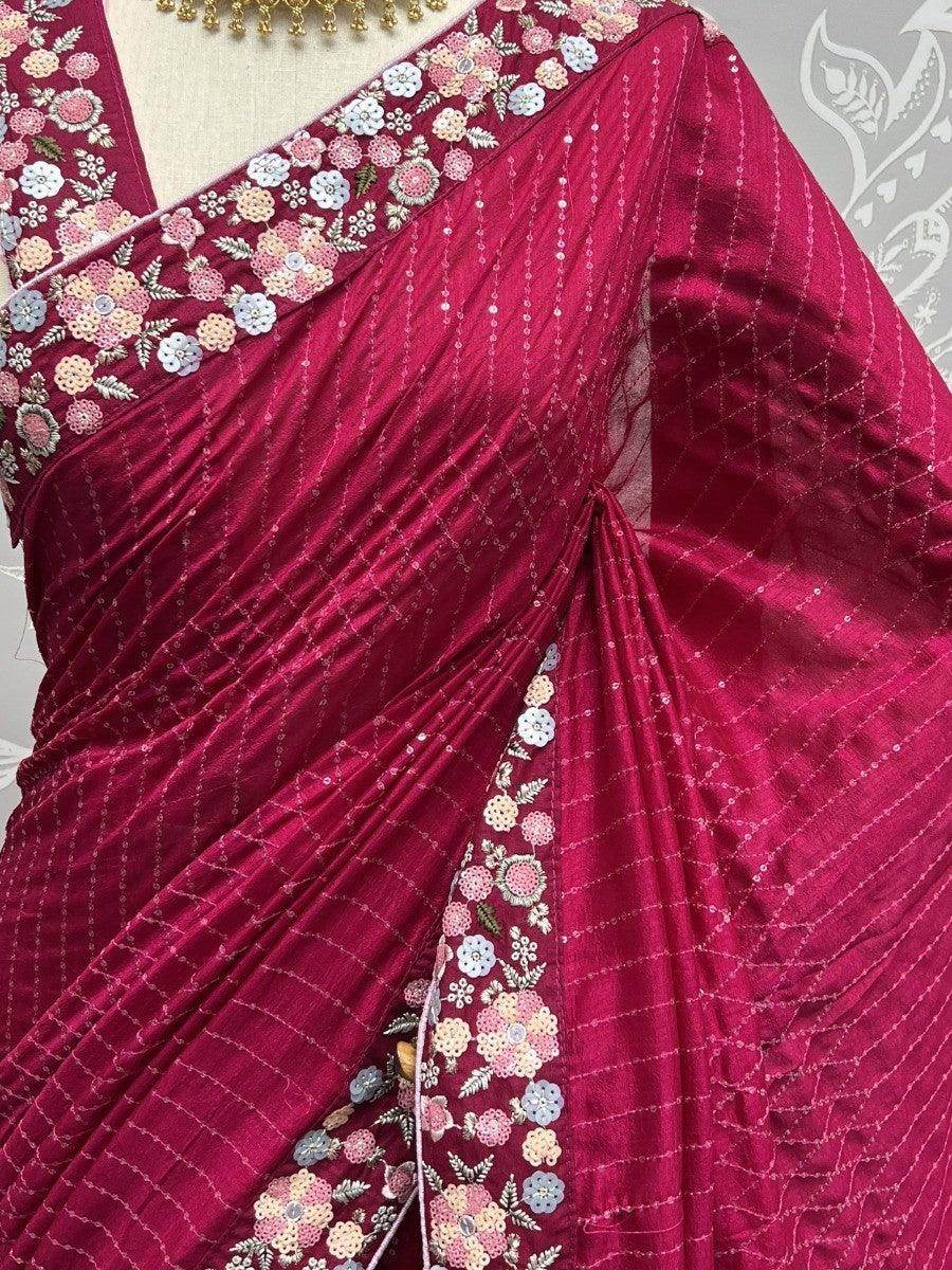 Attractive Pink Sequins Work Silk Functions Wear Saree & Blouse - Zeel Clothing