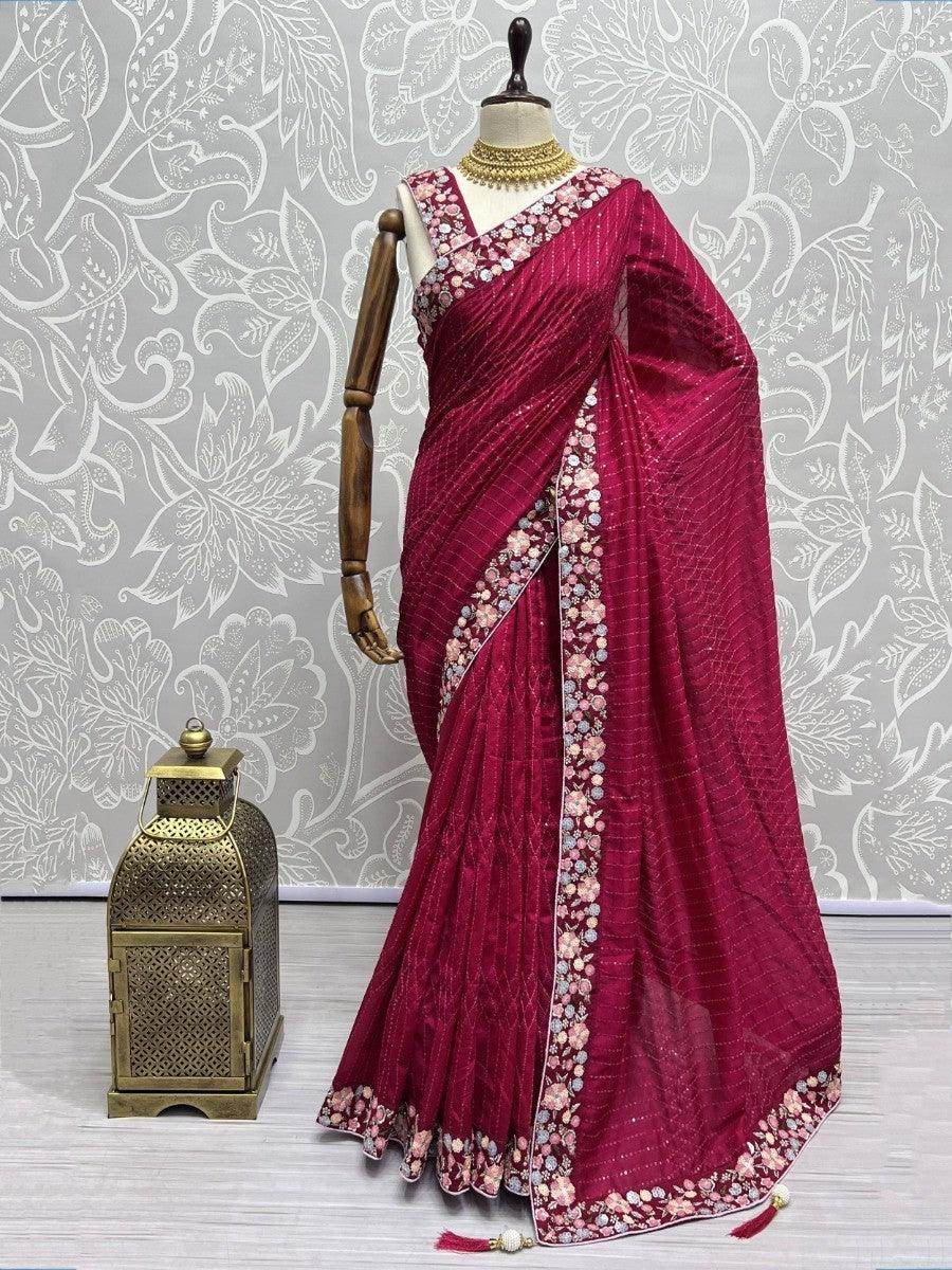 Attractive Pink Sequins Work Silk Functions Wear Saree & Blouse - Zeel Clothing