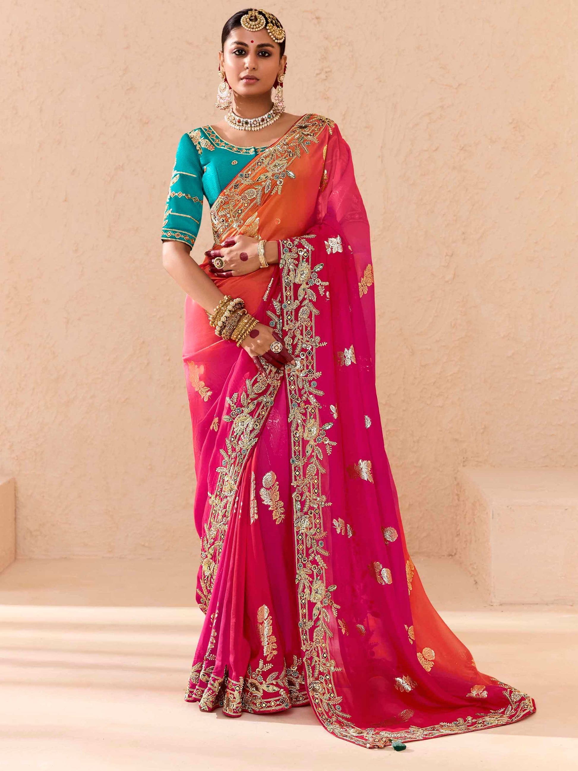 Attractive Pink Thread Embroidered Viscose Wedding Wear Saree - Zeel Clothing