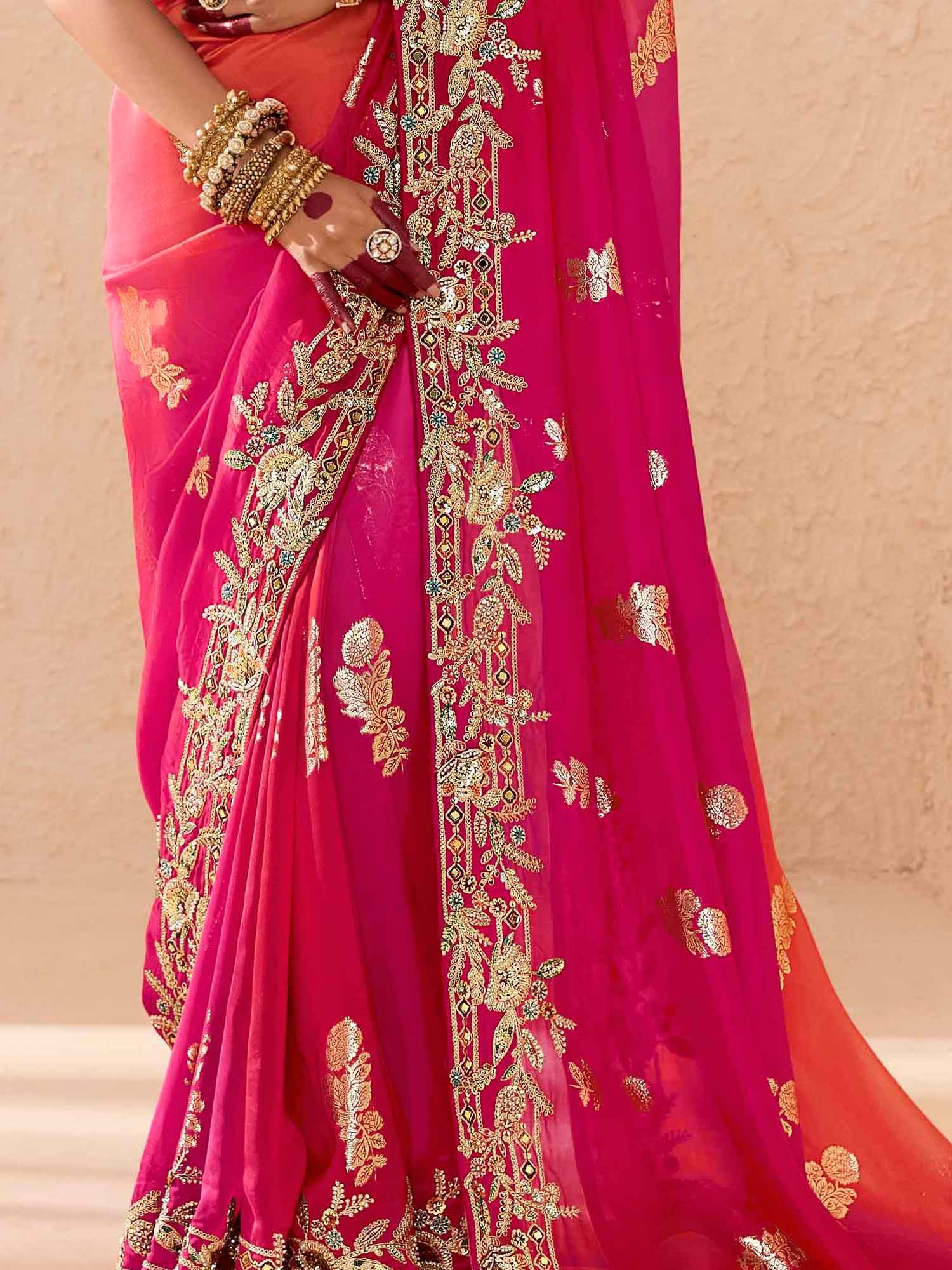 Attractive Pink Thread Embroidered Viscose Wedding Wear Saree - Zeel Clothing