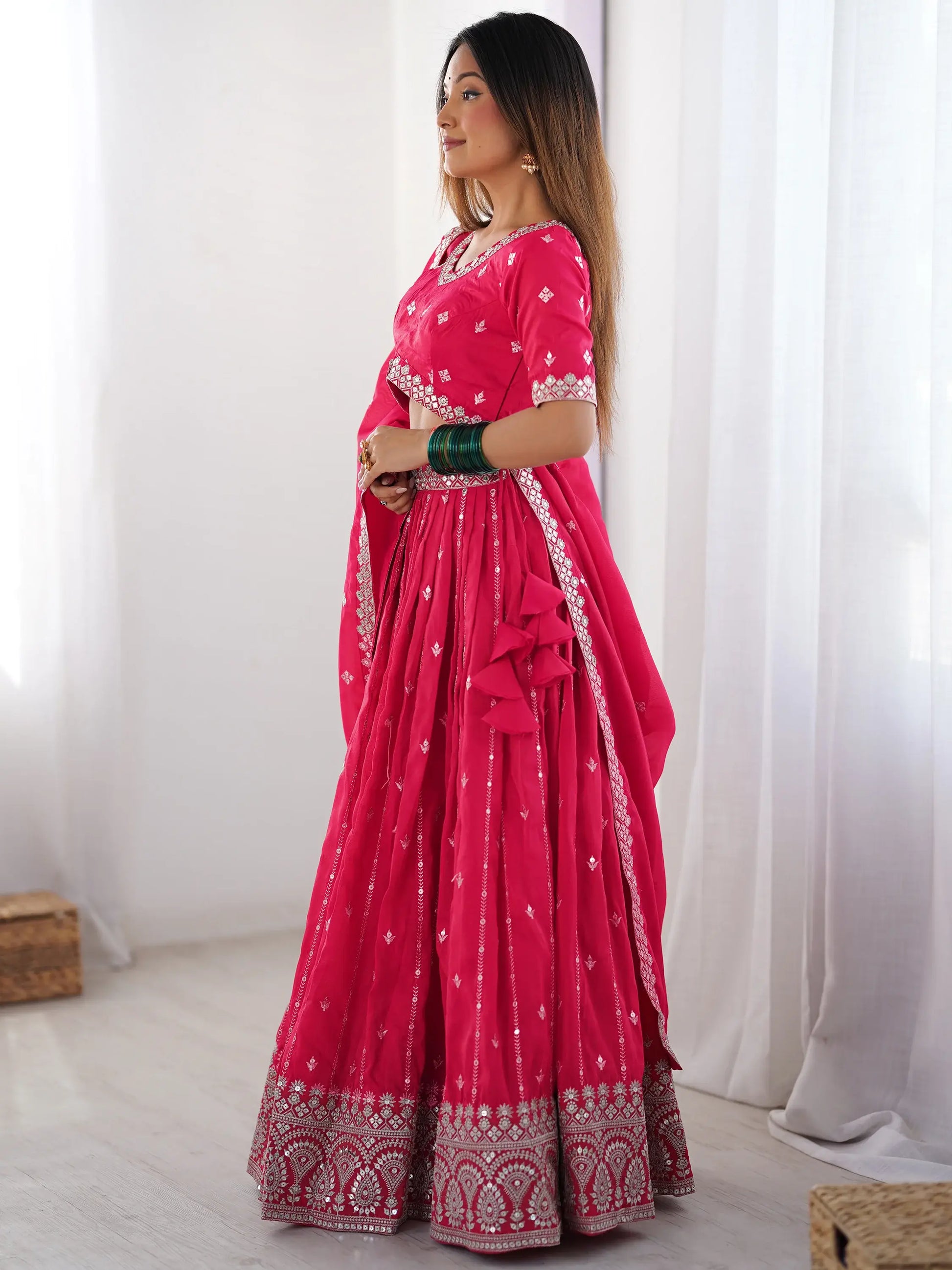 Attractive Pink Thread Work Silk Festival Wear Lehenga Choli - Zeel Clothing