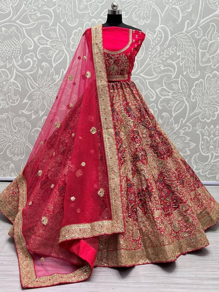 Attractive Pink Thread Work Velvet Bridal Wear Lehenga Choli