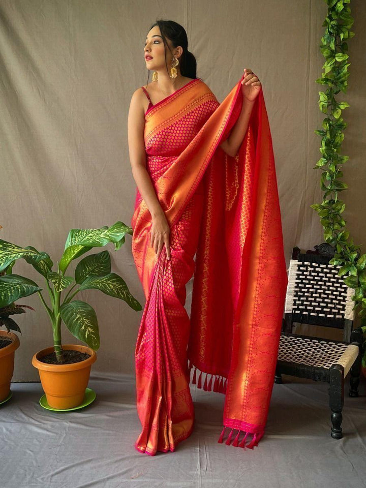 Attractive Pink Woven Kanjeevaram Silk Festival Wear Saree With Blouse