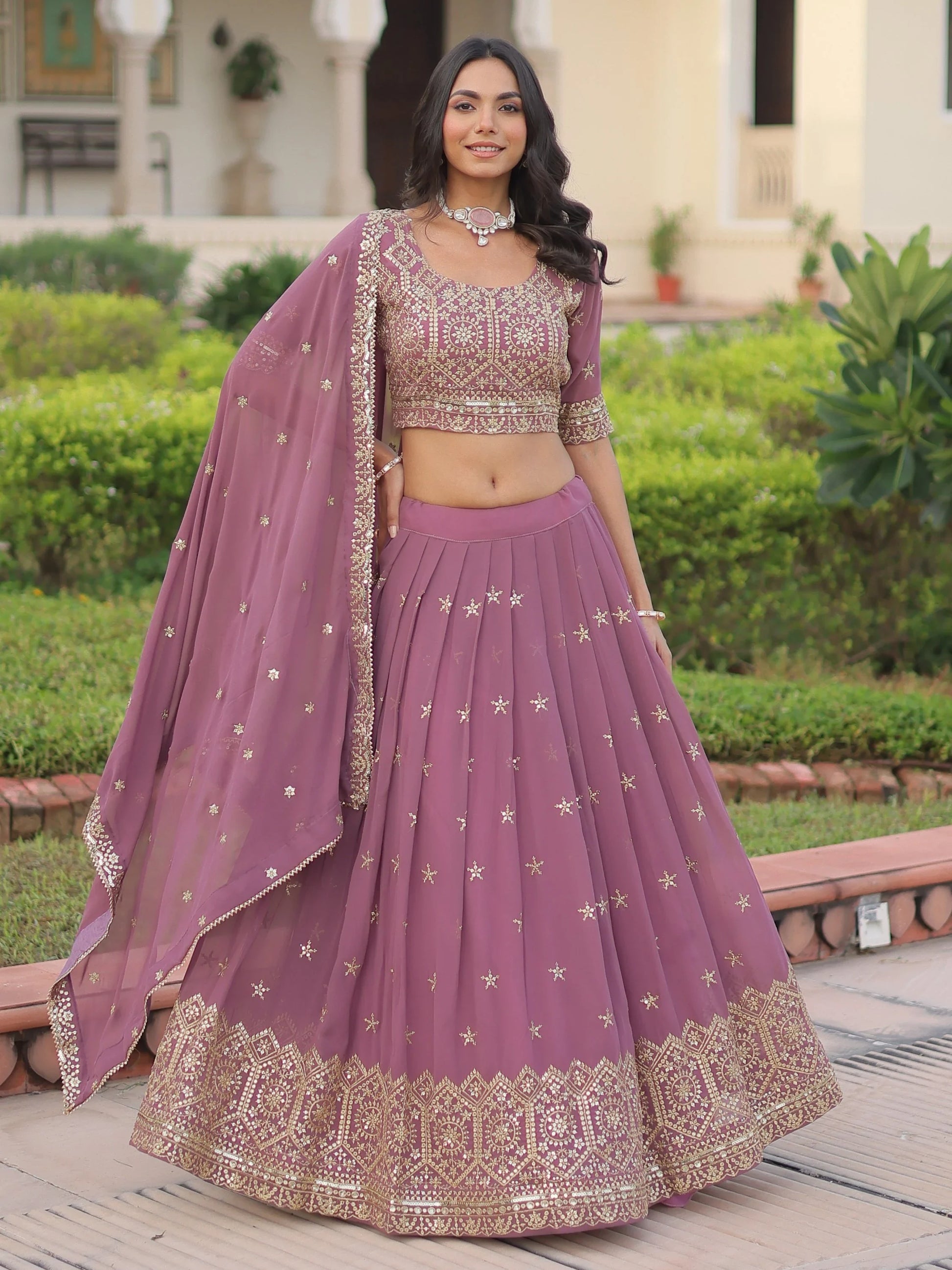 Attractive Pink Zari Embroidered Georgette Function Wear Lehenga Choli With Dupatta