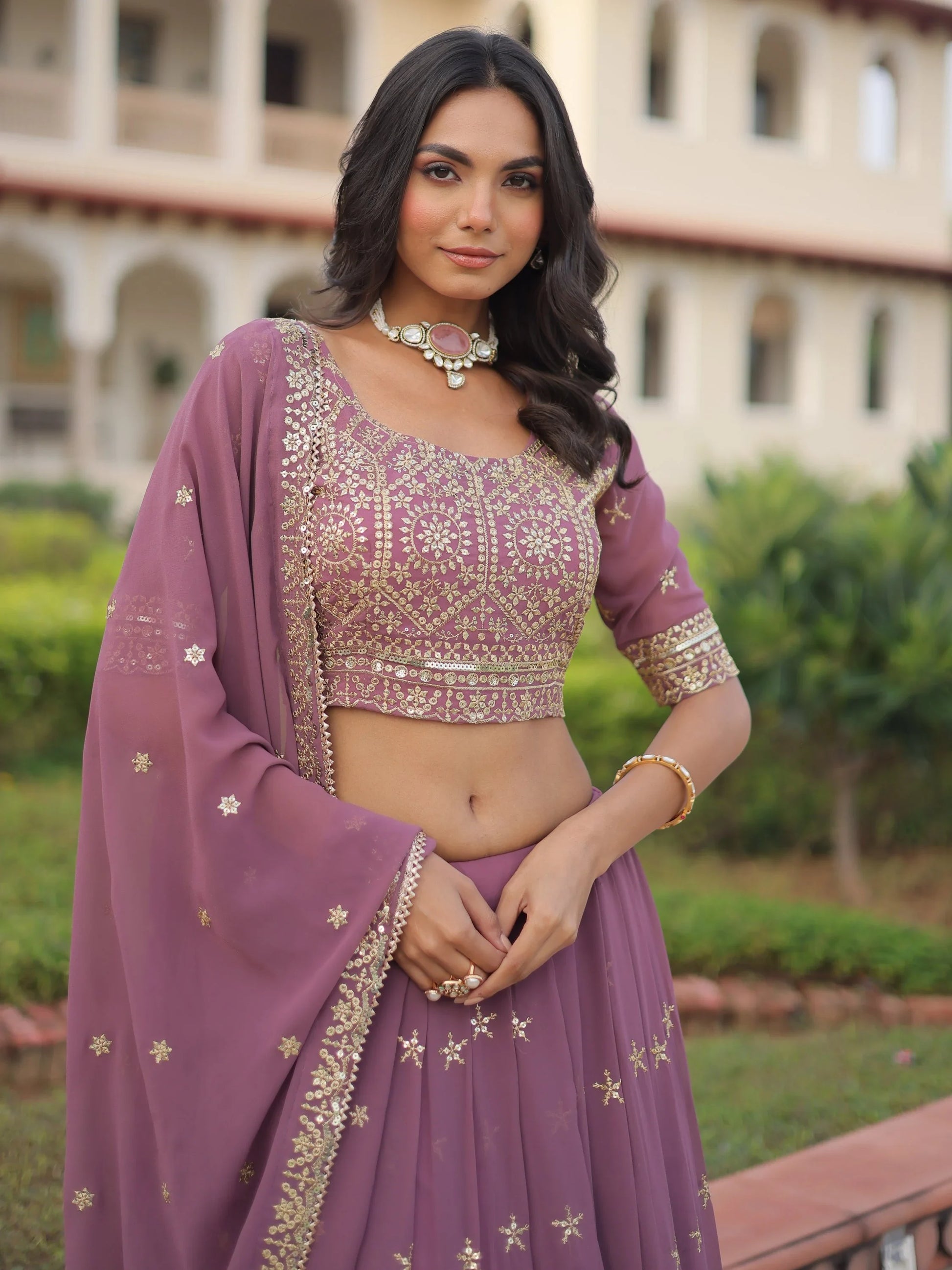 Attractive Pink Zari Embroidered Georgette Function Wear Lehenga Choli With Dupatta