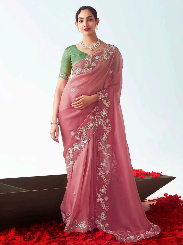 Attractive Pink Zari Embroidery Organza Party Wear Saree With Blouse - Zeel Clothing