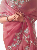 Attractive Pink Zari Embroidery Organza Party Wear Saree With Blouse - Zeel Clothing