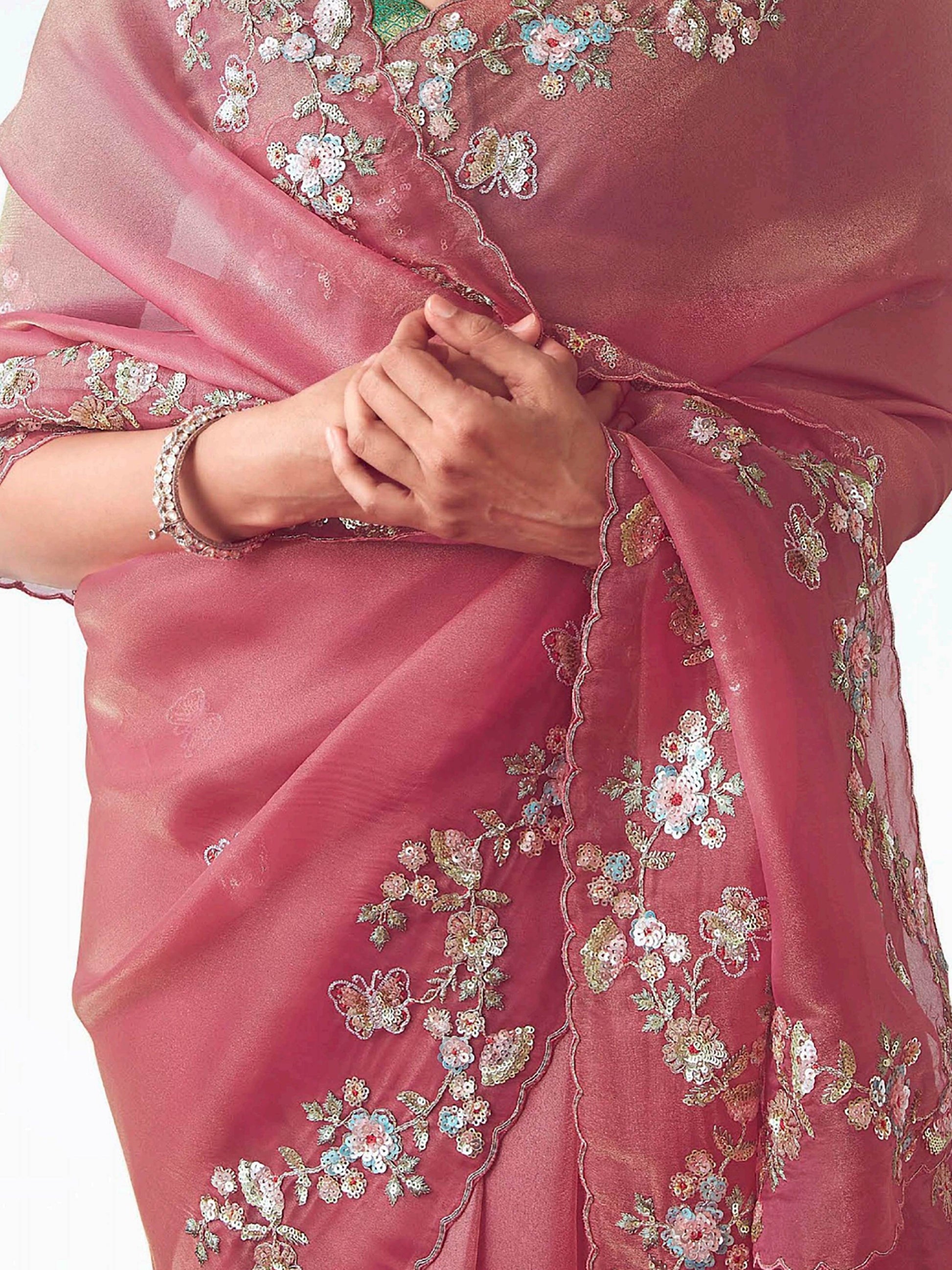 Attractive Pink Zari Embroidery Organza Party Wear Saree With Blouse - Zeel Clothing