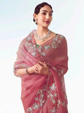 Attractive Pink Zari Embroidery Organza Party Wear Saree With Blouse - Zeel Clothing