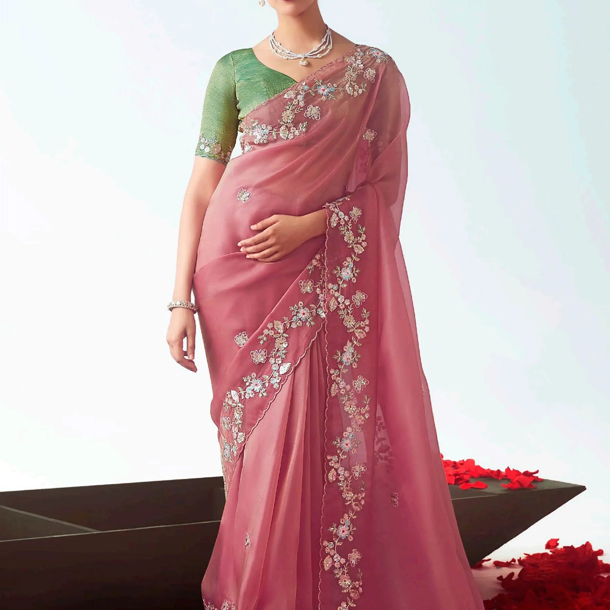 Attractive Pink Zari Embroidery Organza Party Wear Saree With Blouse - Zeel Clothing