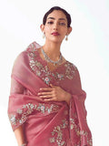 Attractive Pink Zari Embroidery Organza Party Wear Saree With Blouse - Zeel Clothing