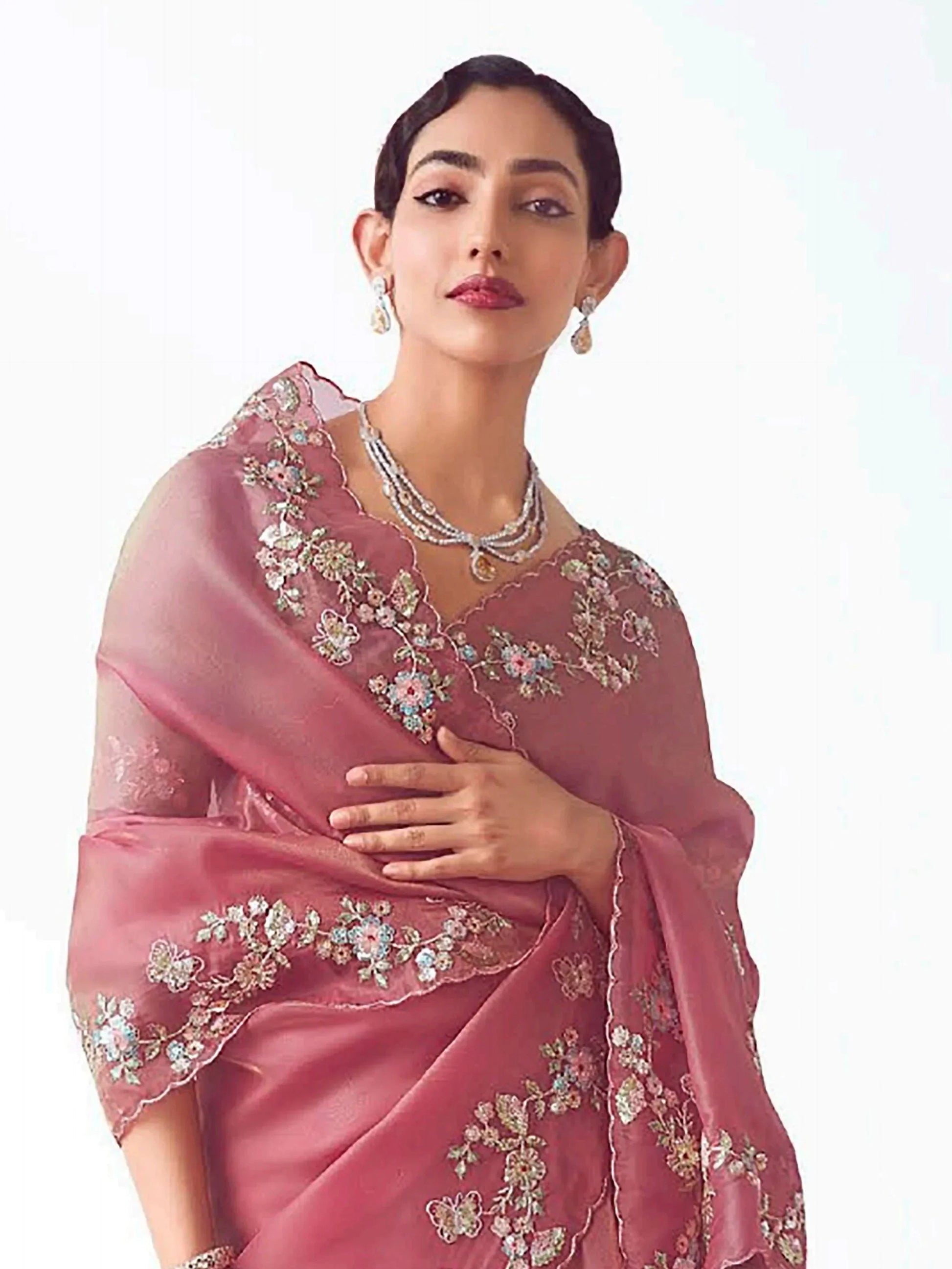 Attractive Pink Zari Embroidery Organza Party Wear Saree With Blouse - Zeel Clothing