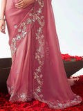Attractive Pink Zari Embroidery Organza Party Wear Saree With Blouse - Zeel Clothing