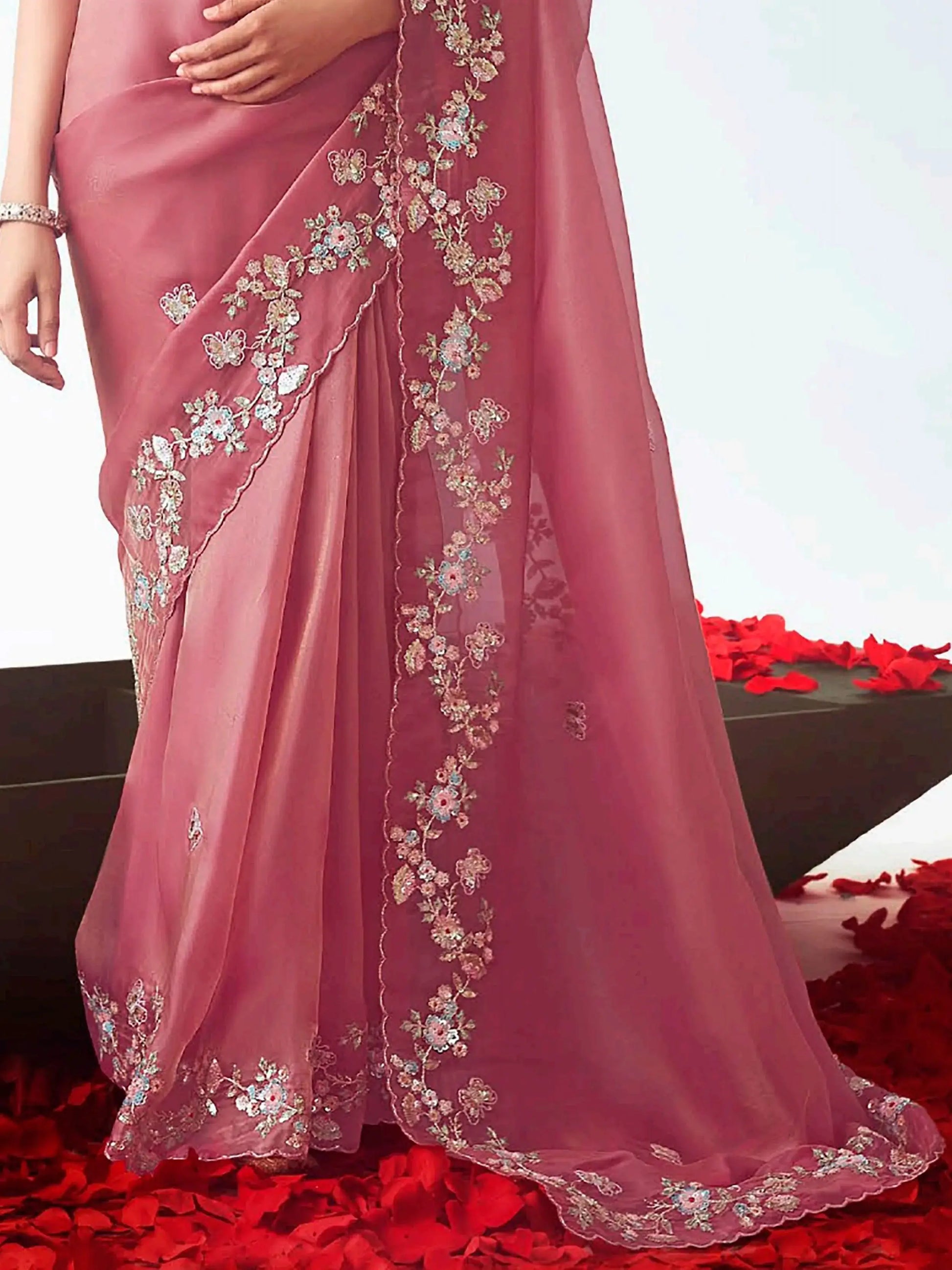 Attractive Pink Zari Embroidery Organza Party Wear Saree With Blouse - Zeel Clothing