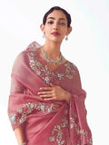 Attractive Pink Zari Embroidery Organza Party Wear Saree With Blouse - Zeel Clothing