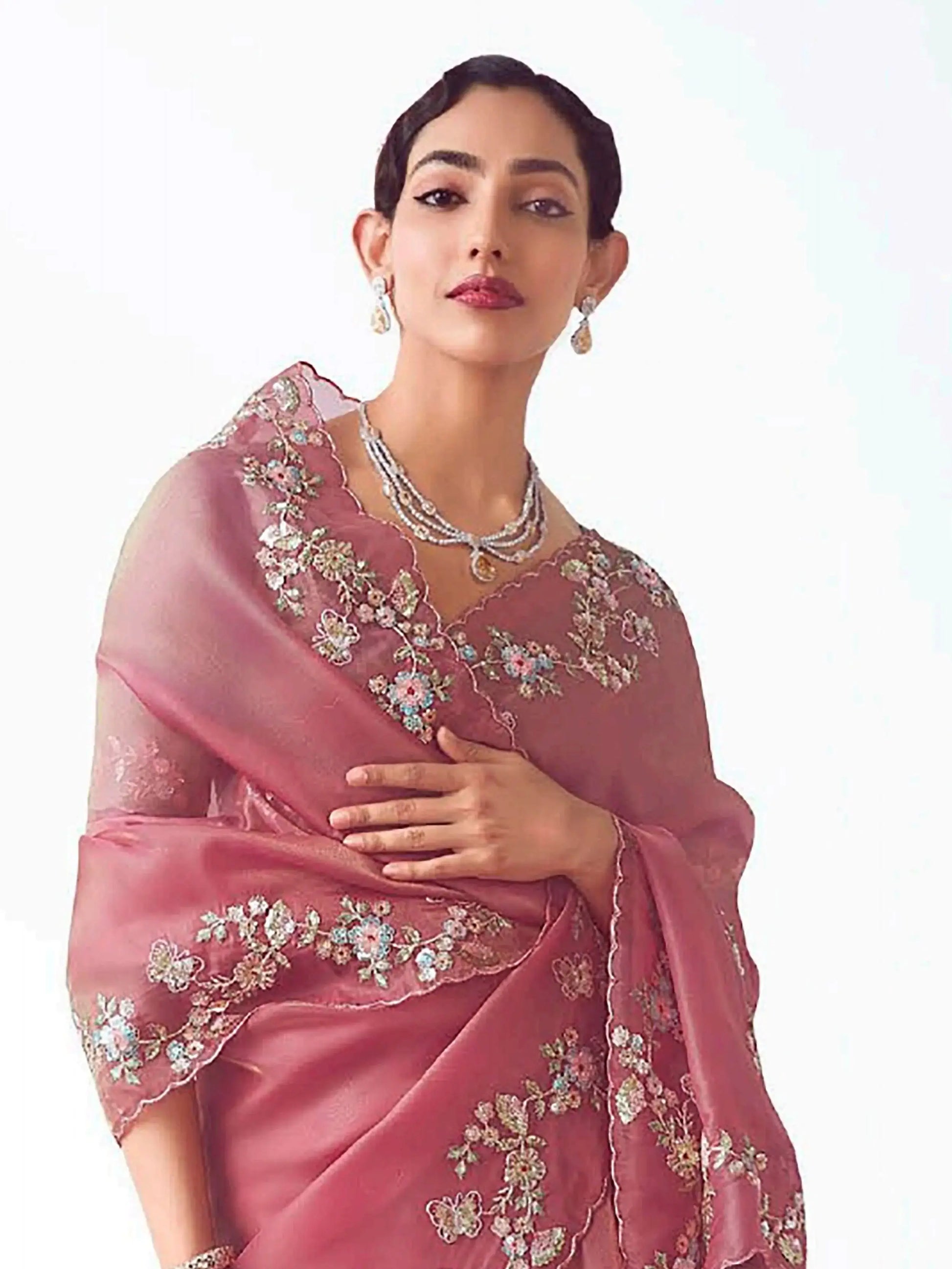Attractive Pink Zari Embroidery Organza Party Wear Saree With Blouse - Zeel Clothing