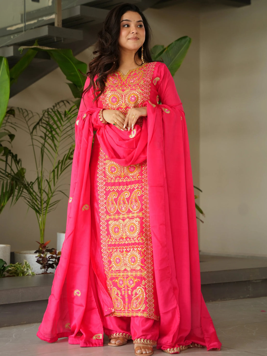 Attractive Pink Zari Work Chinon Festive Wear Salwar With Dupatta