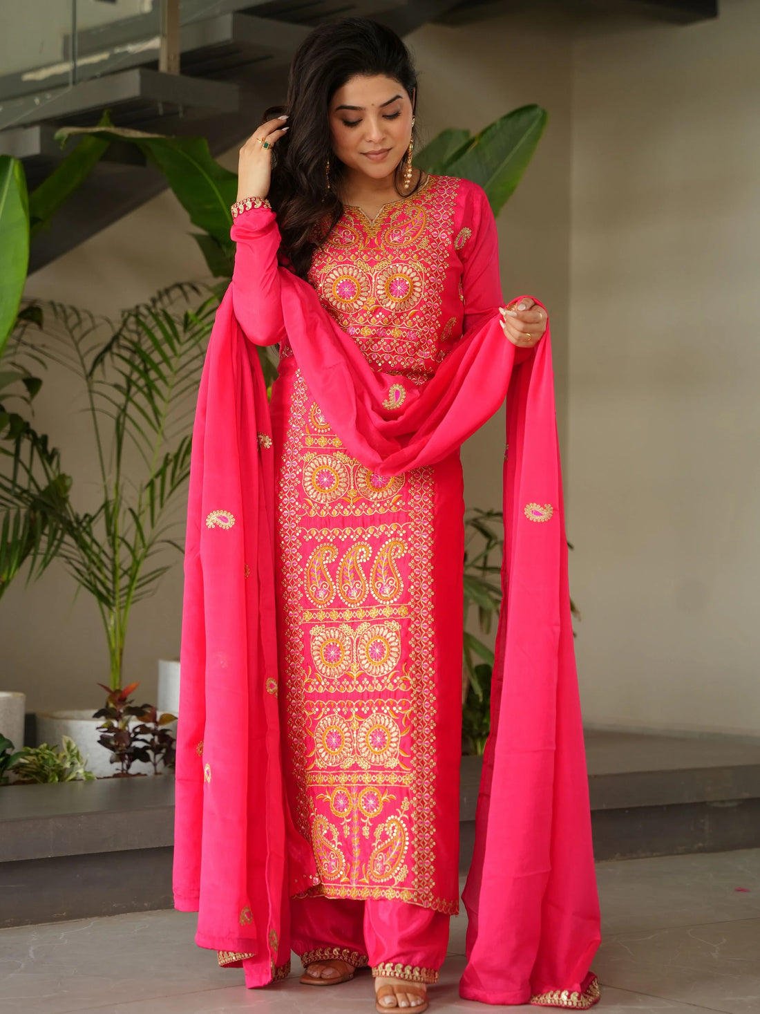 Attractive Pink Zari Work Chinon Festive Wear Salwar With Dupatta
